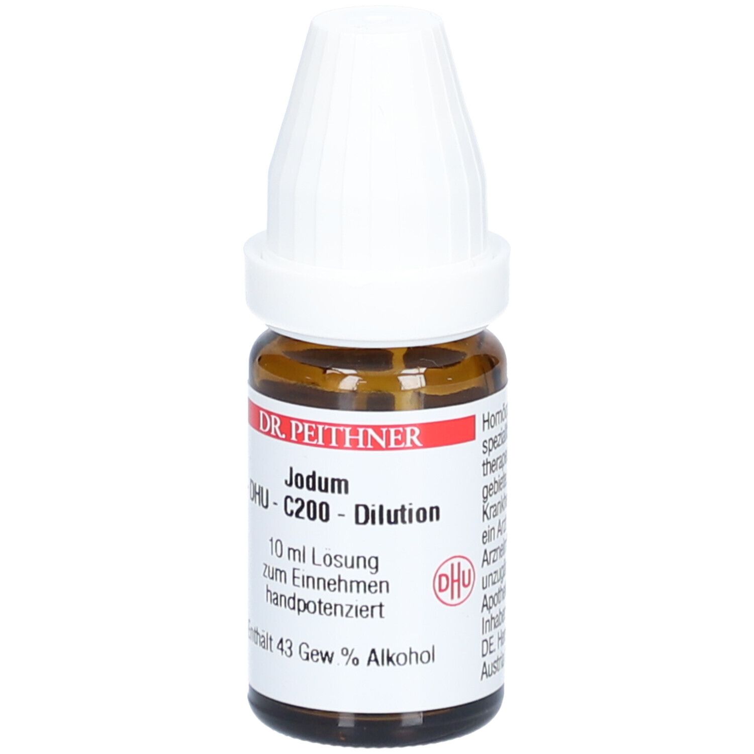 Braune Glasflasche mit weißem Verschluss. Aufschrift: DR. PEITHNER, Jodum, DHU - C200 - Dilution. 10 ml Lösung. Enthält 43 Gew. % Alkohol.