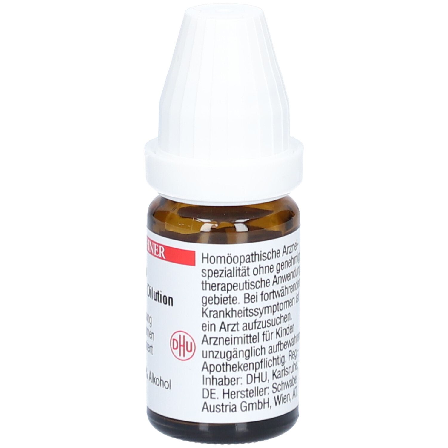 Braune Glasflasche mit weißem Verschluss. Aufschrift: DR. PEITHNER, Jodum, DHU - C200 - Dilution. Text über homöopathische Arzneimittel.