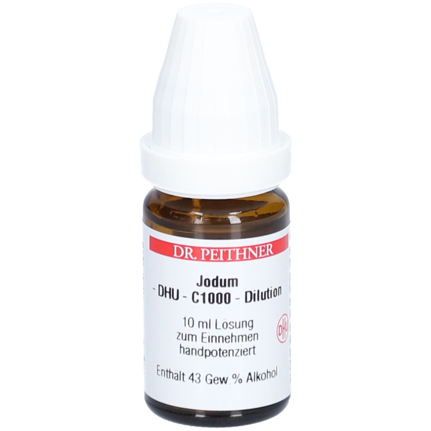 Braune Glasflasche mit weißem Verschluss. Aufschrift: DR. PEITHNER, DHU - C1000 - Dilution, Jodum, 10 ml Lösung.