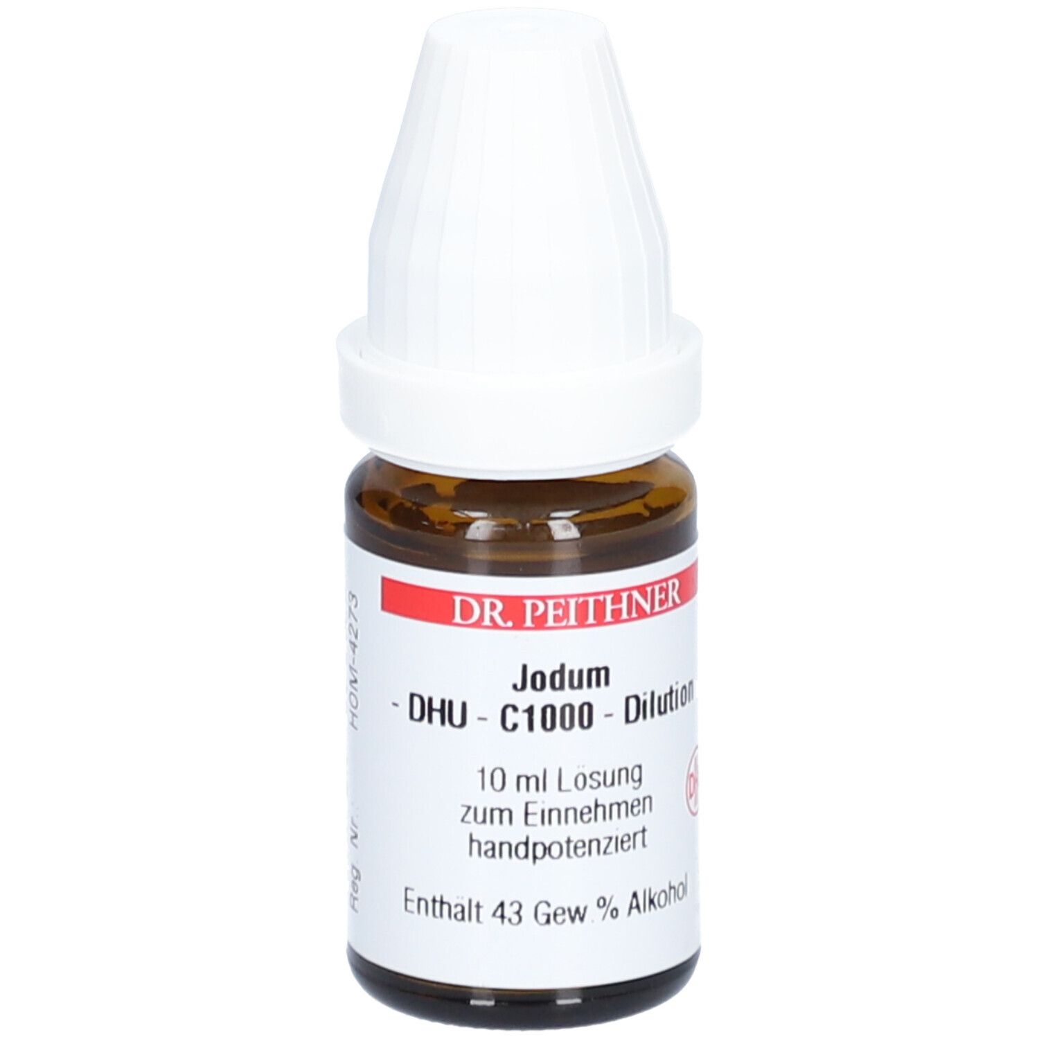 Braune Glasflasche mit weißem Verschluss. Aufschrift: DR. PEITHNER, DHU - C1000 - Dilution, Jodum, 10 ml Lösung.