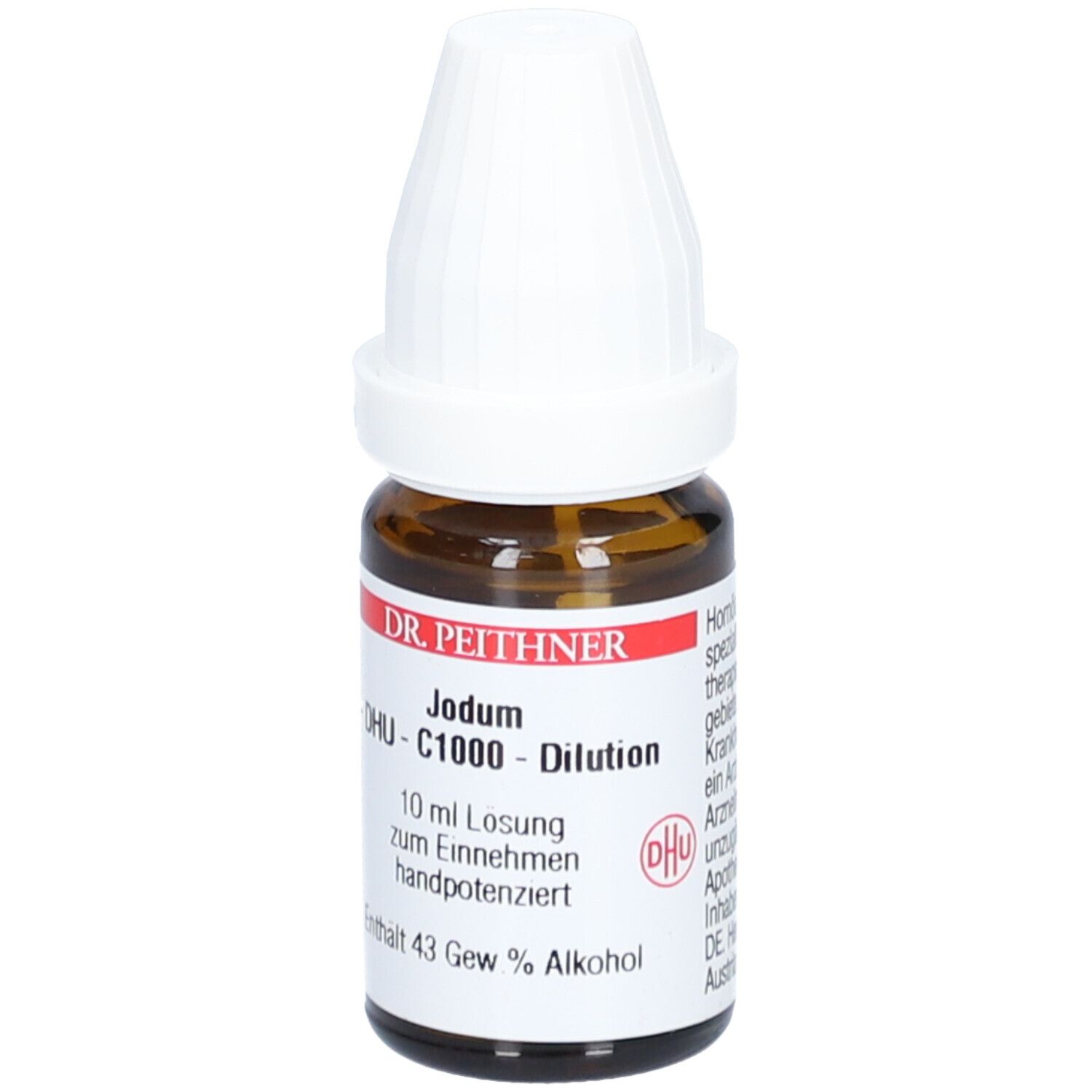 Braune Glasflasche mit weißem Verschluss. Aufschrift: DR. PEITHNER, DHU - C1000 - Dilution, Jodum, 10 ml Lösung.
