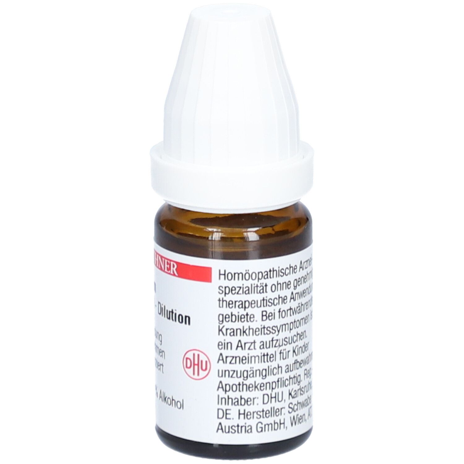 Braune Glasflasche mit weißem Verschluss. Aufschrift: DR. PEITHNER, DHU - C1000 - Dilution, homöopathische Arzneimittel.