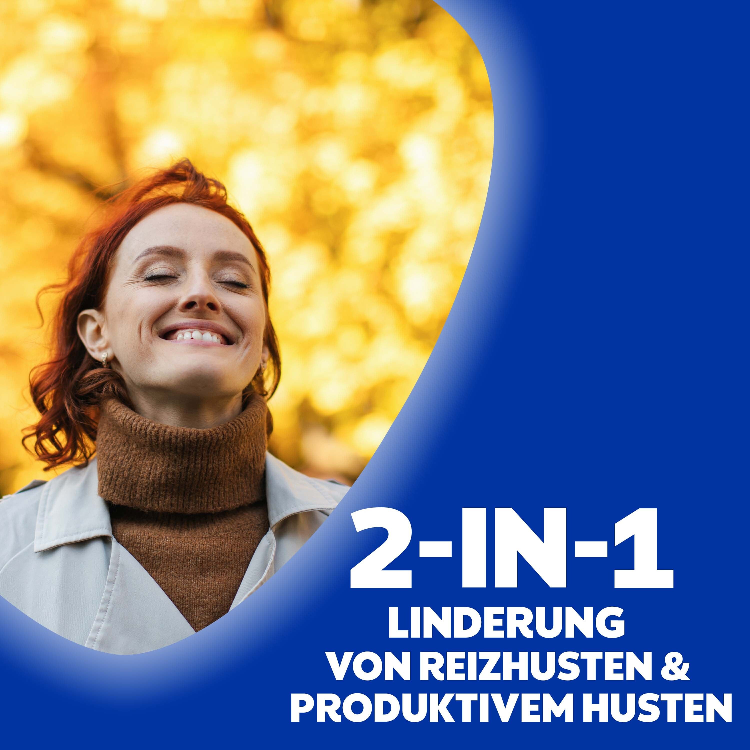 Frau lächelt. Text: 2-IN-1 Linderung von Reizhusten & produktivem Husten.