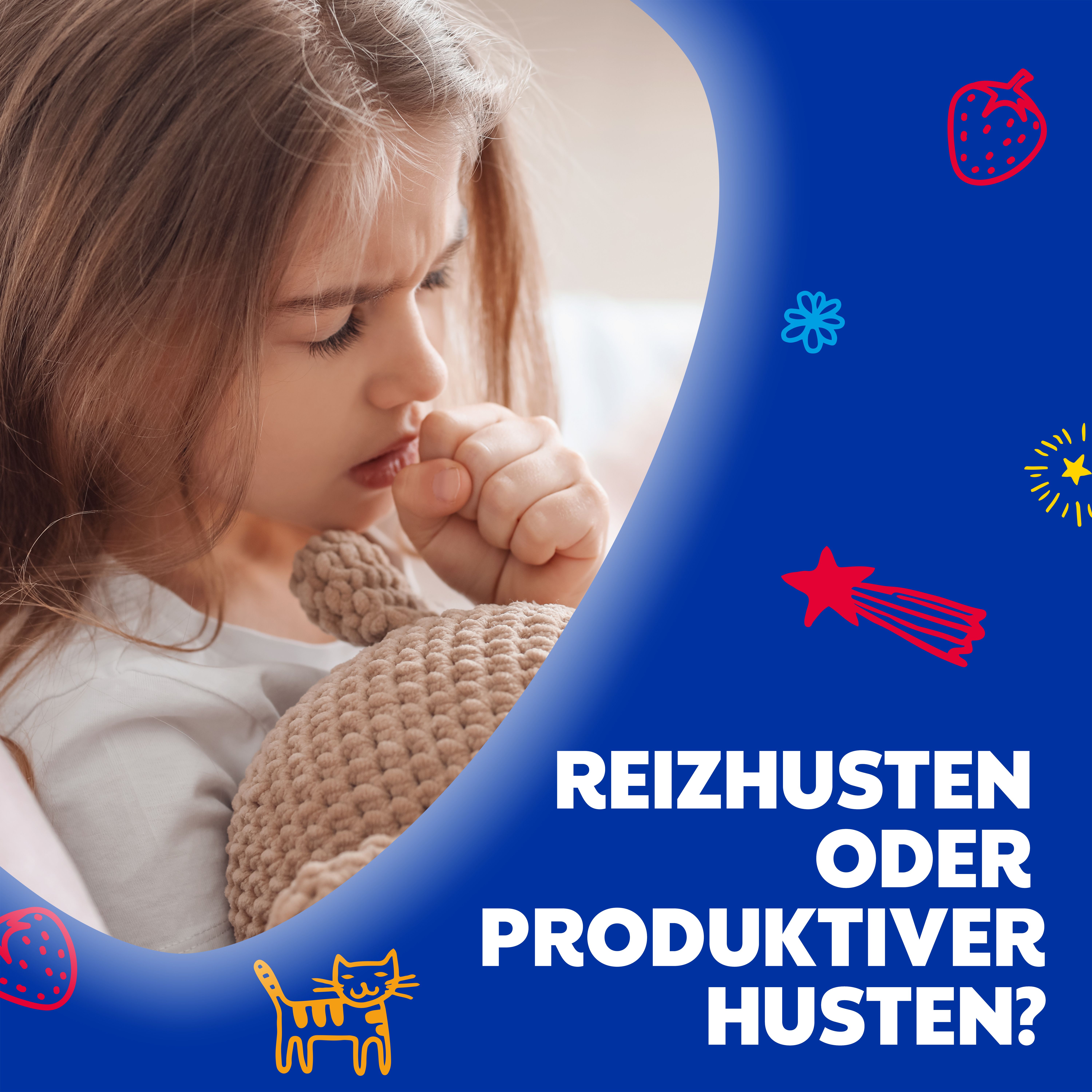 Kind hustet. Text: Reizhusten oder produktiver Husten? Dekorative Elemente.