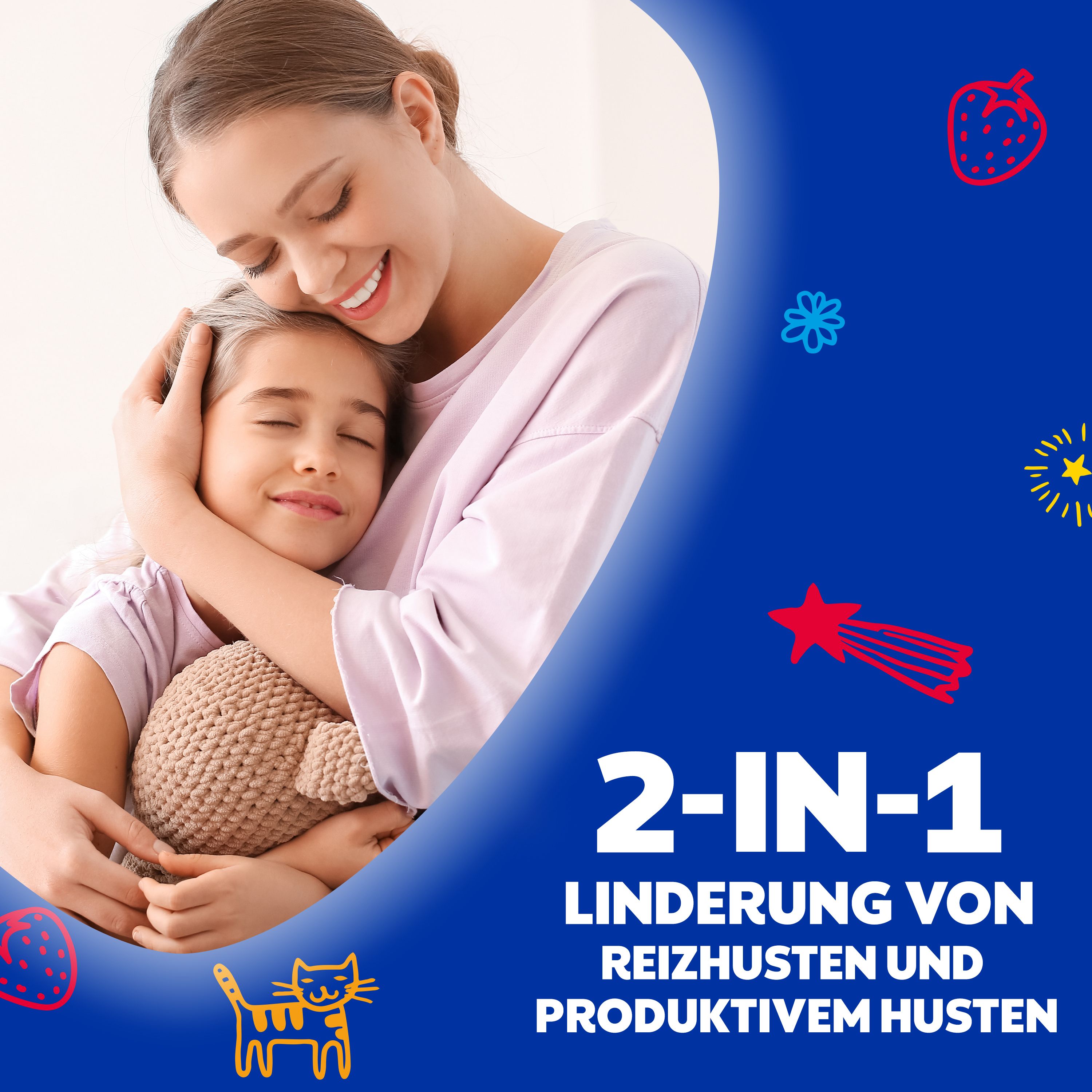 Mutter umarmt Kind. Text: 2-IN-1 Linderung von Reizhusten und produktivem Husten. Dekorative Elemente.