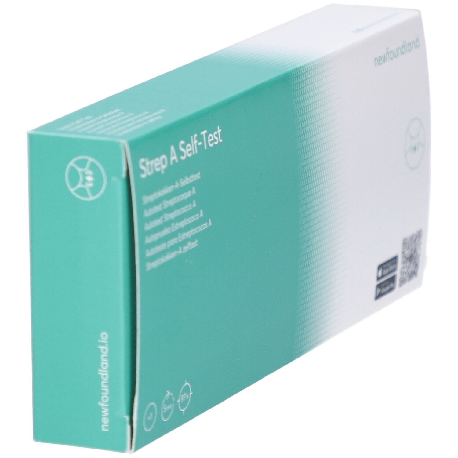 Schrägansicht der Verpackung "Strep A Self-Test". Grün-weiße Schachtel mit Logo und Marke: newfoundland. QR-Code.