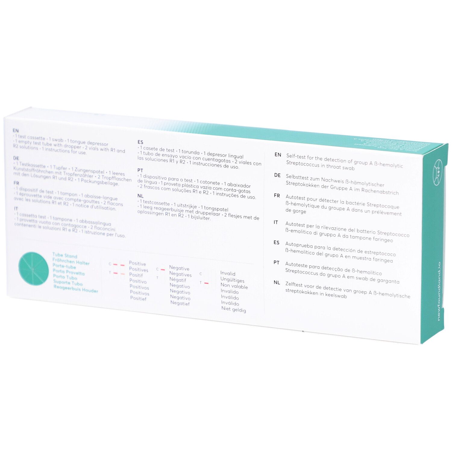 Rückseite der Verpackung "Strep A Self-Test". Text in mehreren Sprachen. Enthält Diagramme und Informationen.