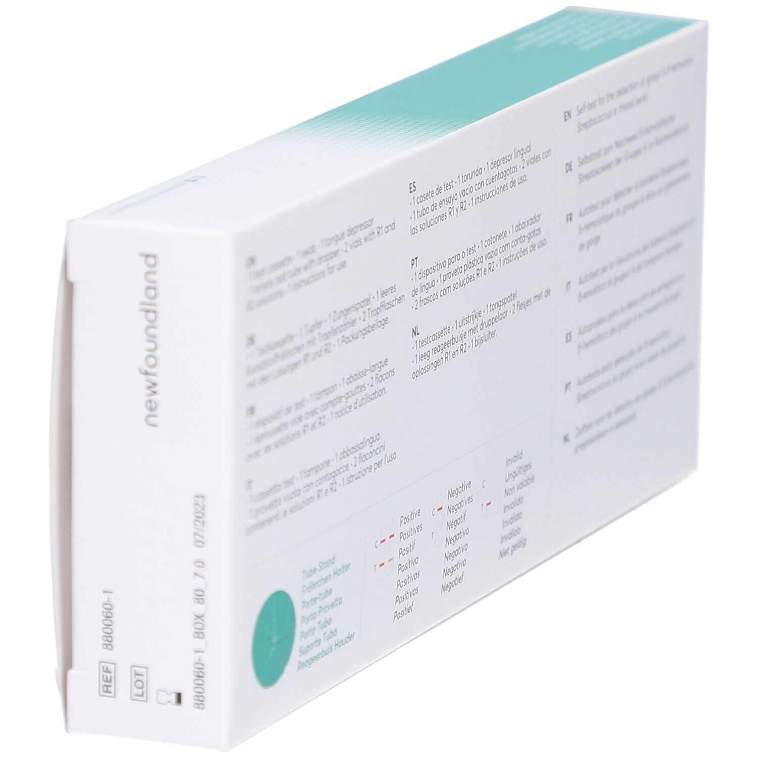 Rückseite der Verpackung "Strep A Self-Test". Text in mehreren Sprachen. Enthält Diagramme und Informationen.