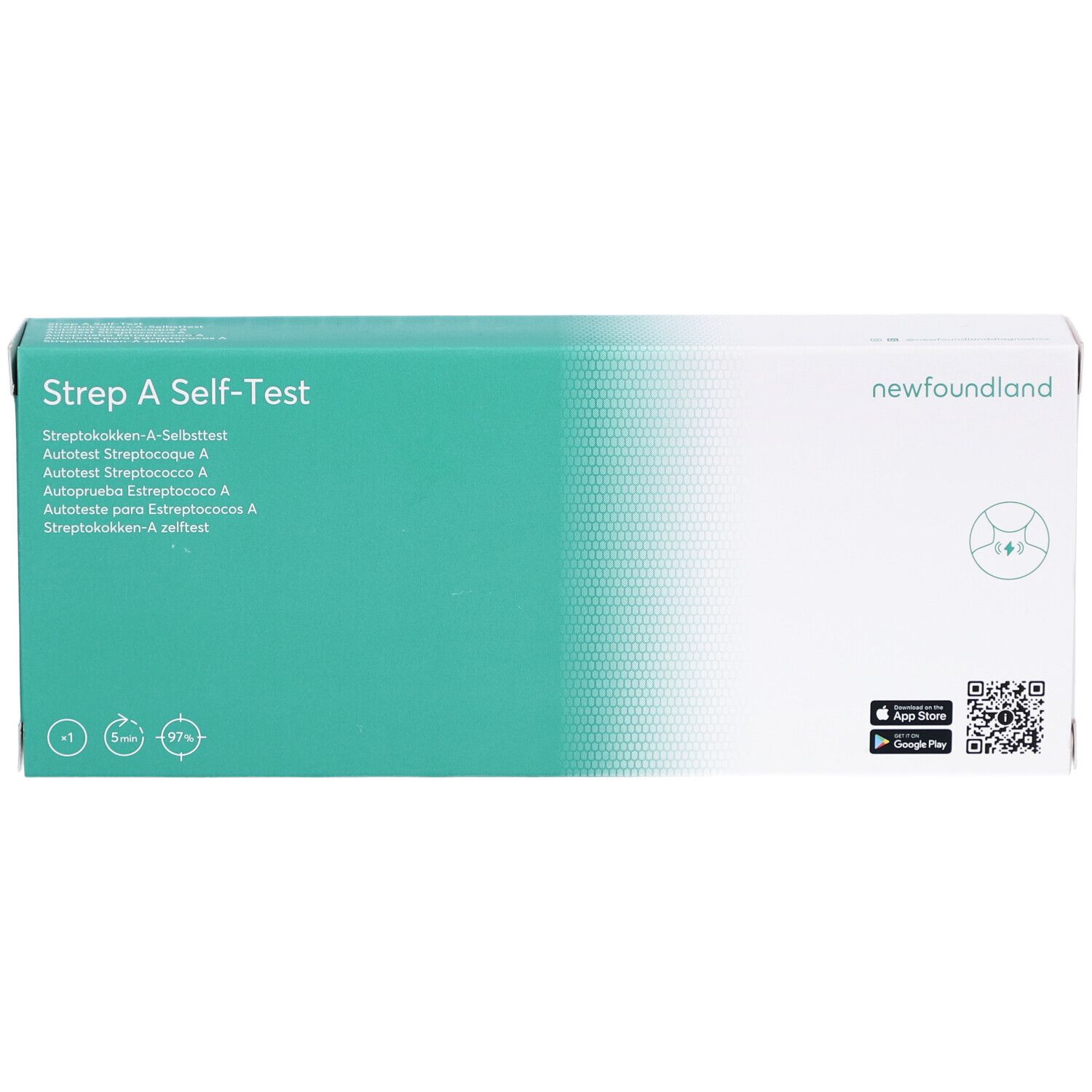 Karton "Strep A Self-Test" mit Logo und Marke: newfoundland. Grün-weiße Verpackung. QR-Code und App-Store-Logo.