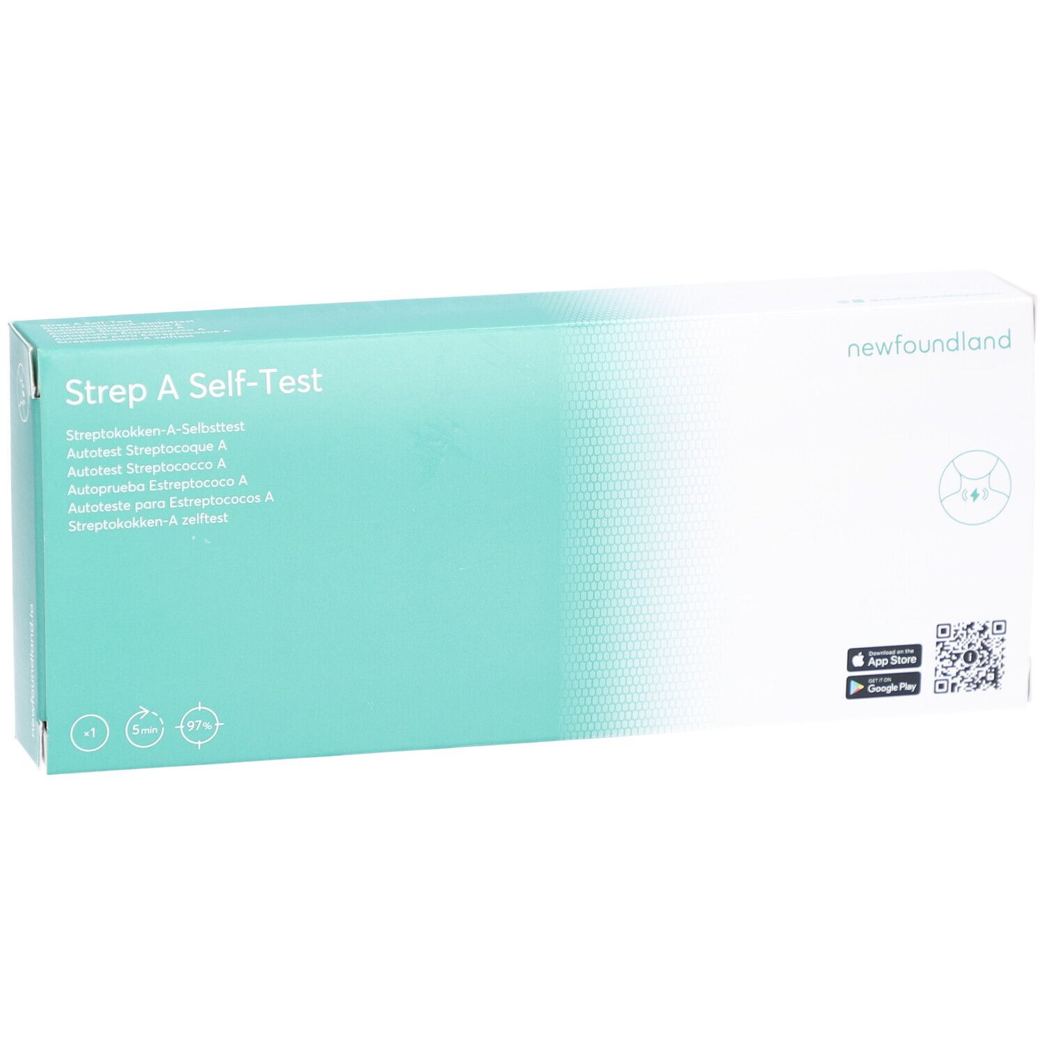 Karton "Strep A Self-Test" mit Logo und Marke: newfoundland. Grün-weiße Verpackung. QR-Code und App-Store-Logo.