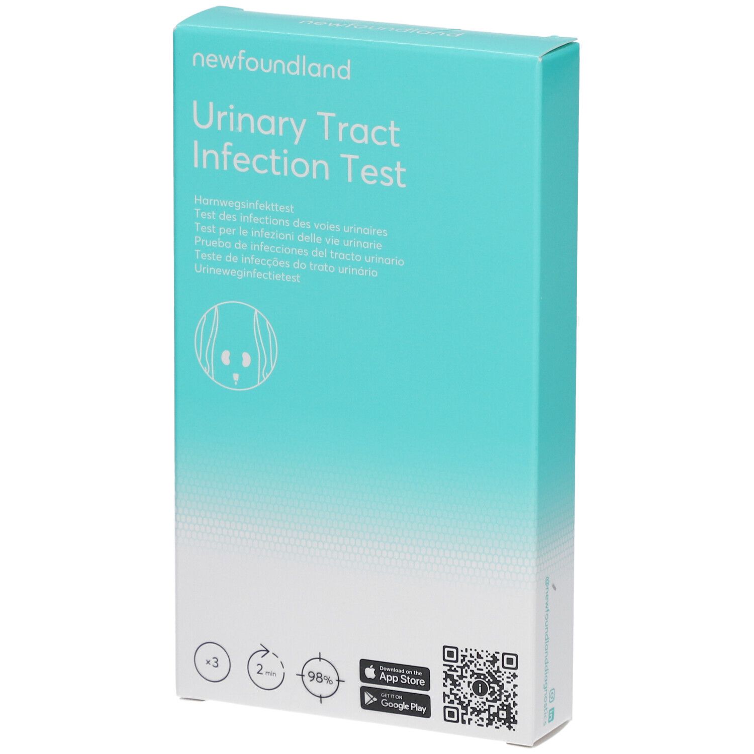 Hellblaue Schachtel mit Produktnamen und Logo. Enthält Teststreifen für Harnwegsinfektionen. QR-Code und App-Hinweis.