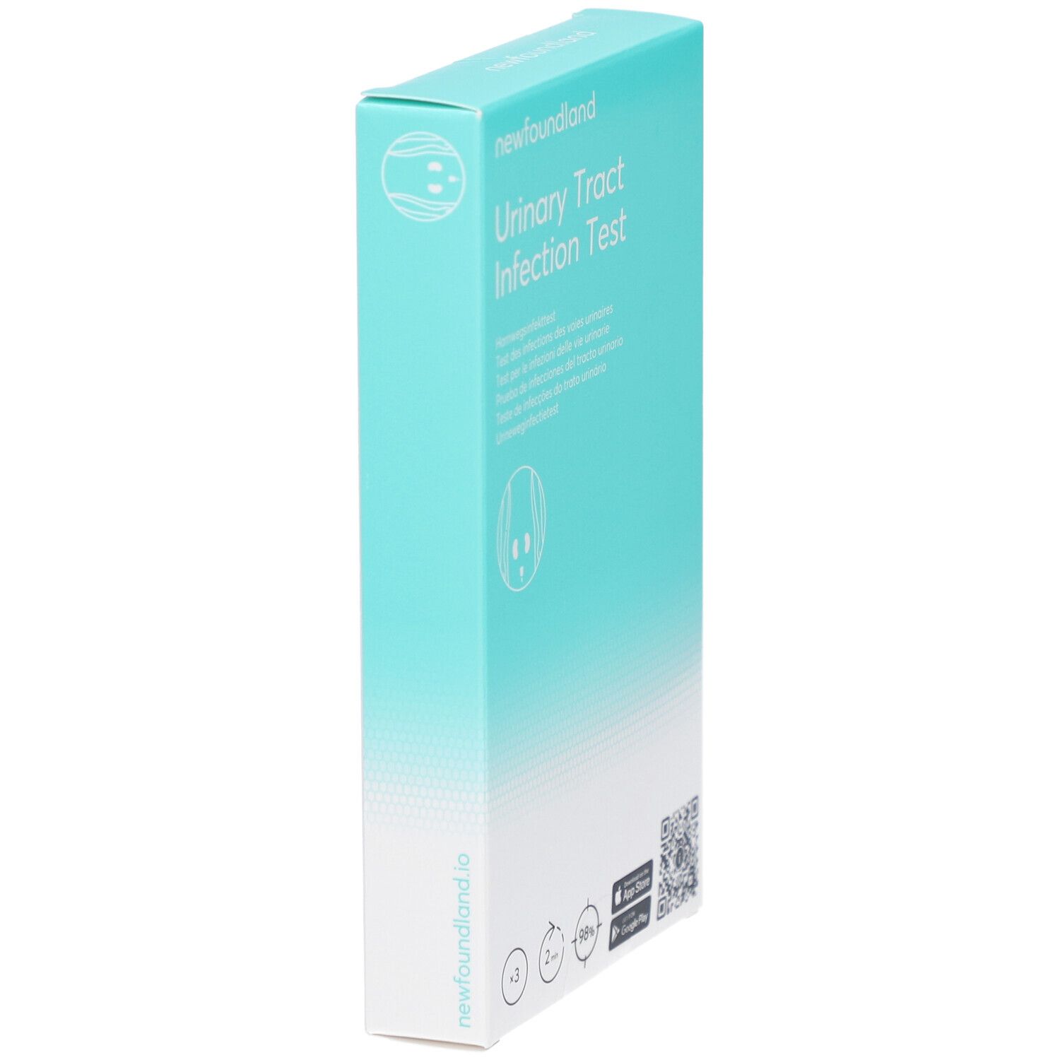 Hellblaue Schachtel, schräg. Produktname und Logo sichtbar. QR-Code und App-Hinweis auf der Seite.