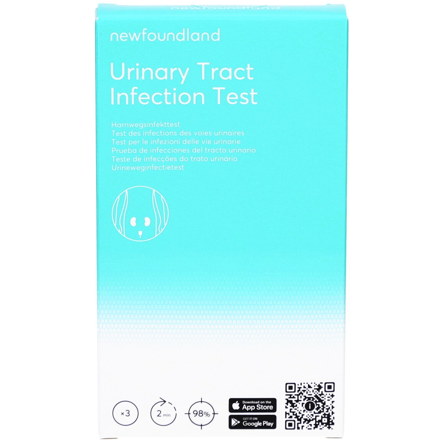Hellblaue Schachtel mit Produktnamen und Logo. Enthält Teststreifen für Harnwegsinfektionen. QR-Code und App-Hinweis.