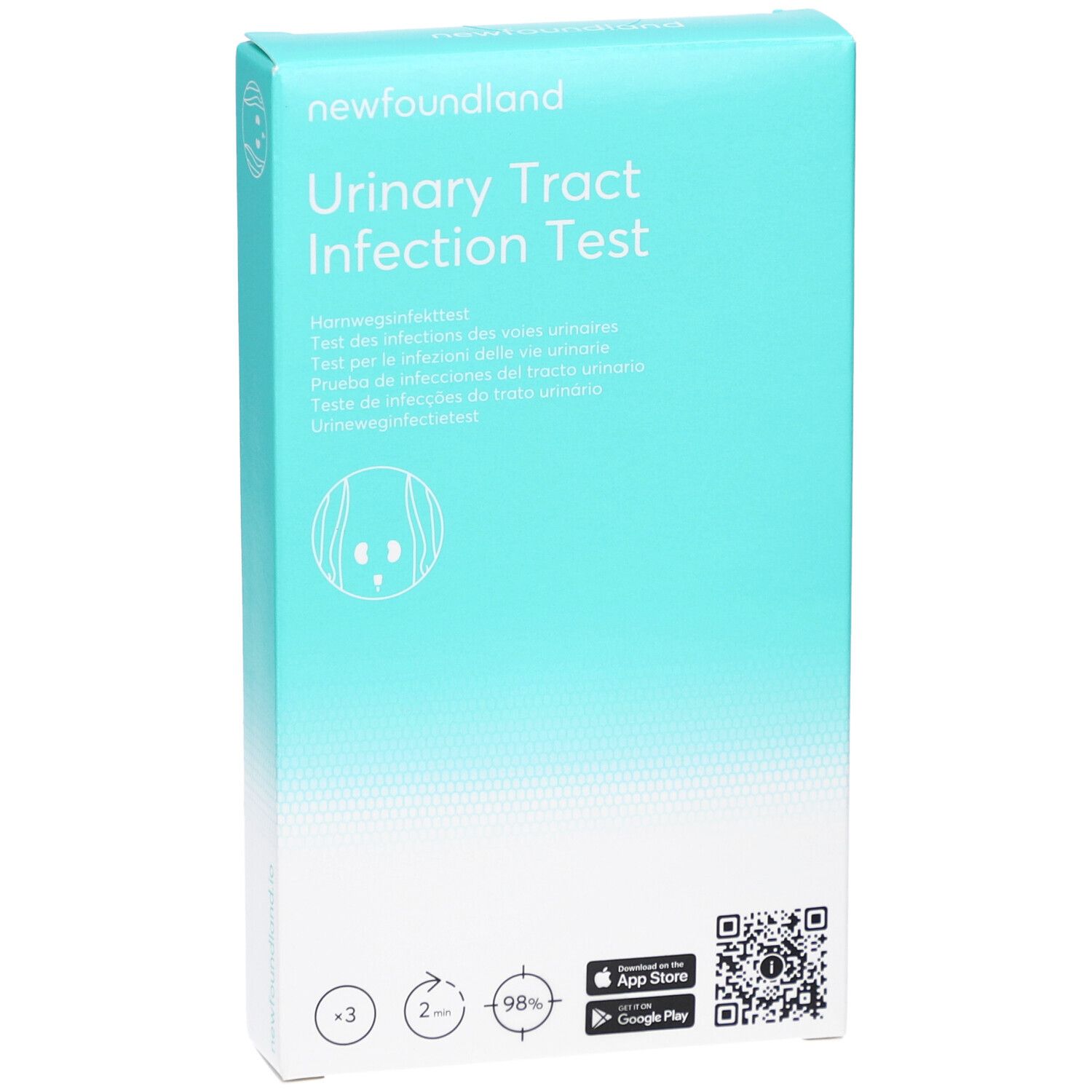Hellblaue Schachtel mit Produktnamen und Logo. Enthält Teststreifen für Harnwegsinfektionen. QR-Code und App-Hinweis.