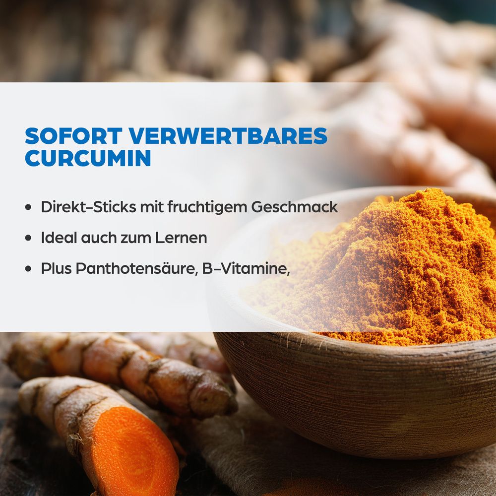 Direkt verwertbares Curcumin in Schale mit Kurkumawurzeln.