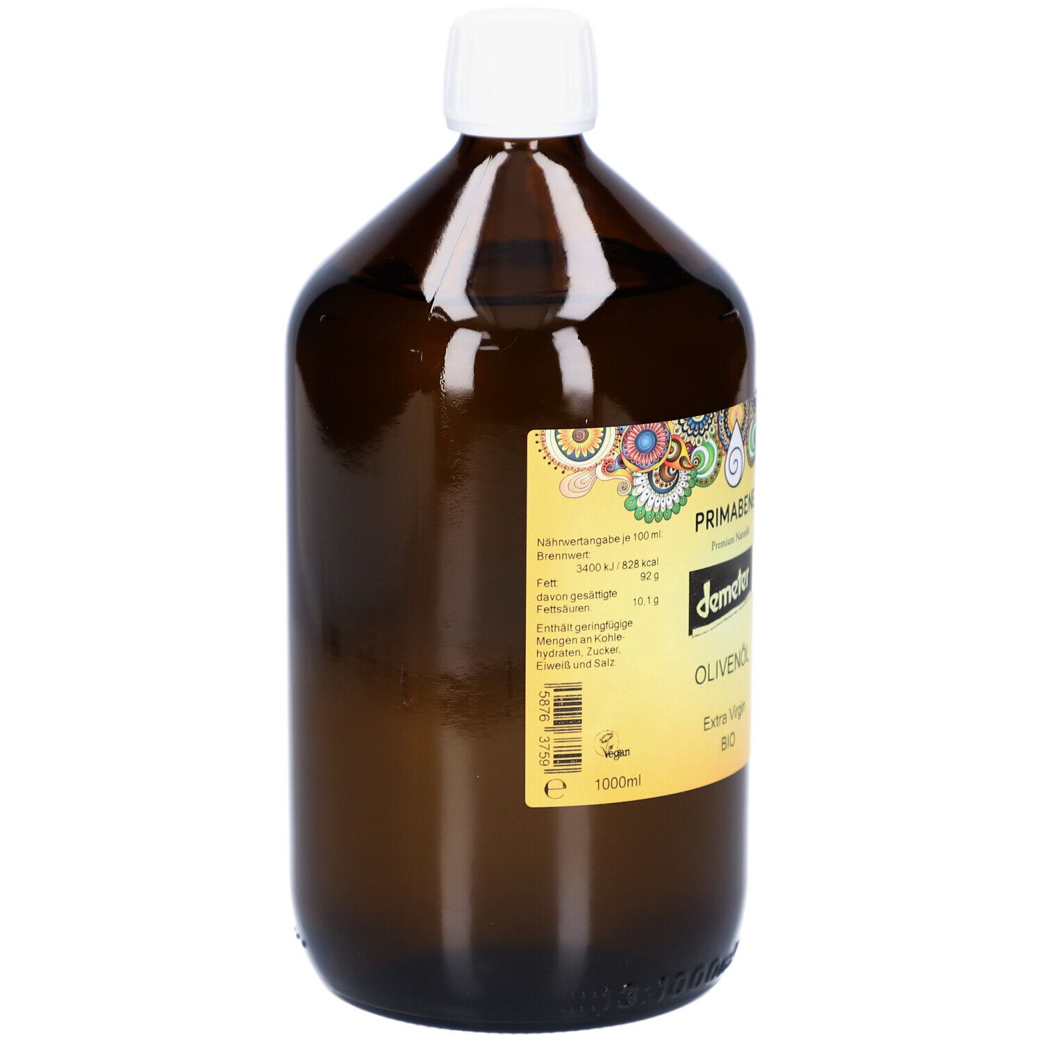 Braune Glasflasche mit weißem Verschluss. Etikett mit Produktinformationen und Nährwertangaben. 1000ml-Angabe.