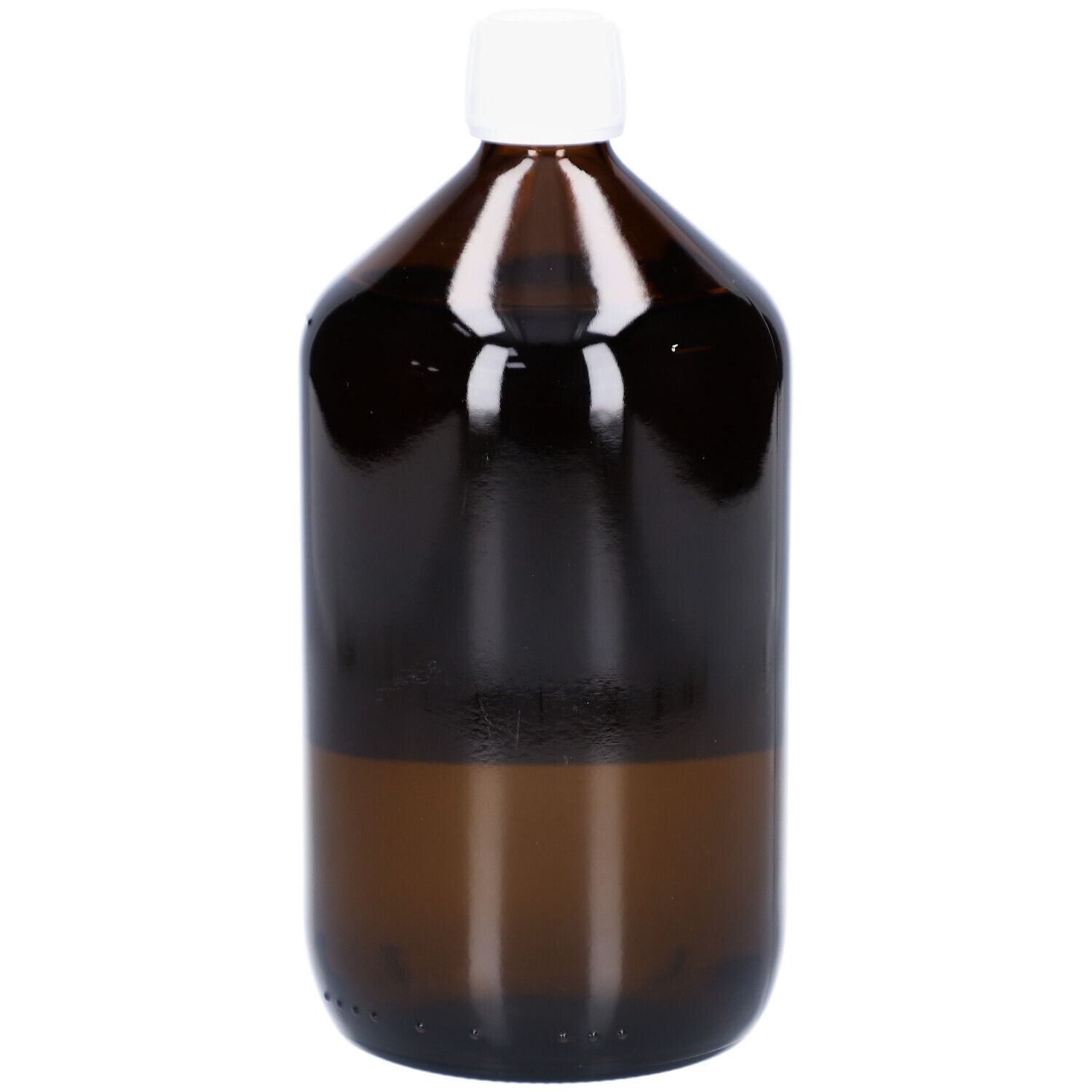 Braune Glasflasche mit weißem Verschluss. Teilweise gefüllt mit Flüssigkeit. Keine Etiketten oder Logos sichtbar.