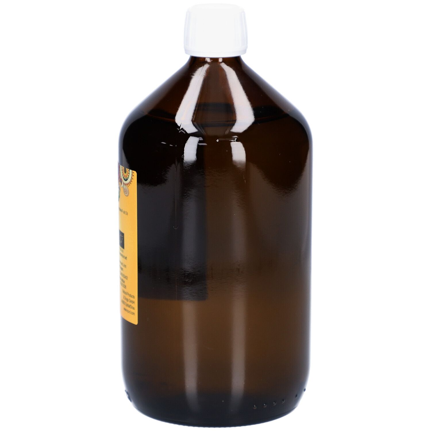 Braune Glasflasche mit weißem Verschluss. Etikett mit Produktnamen und Informationen. Keine Marke sichtbar.