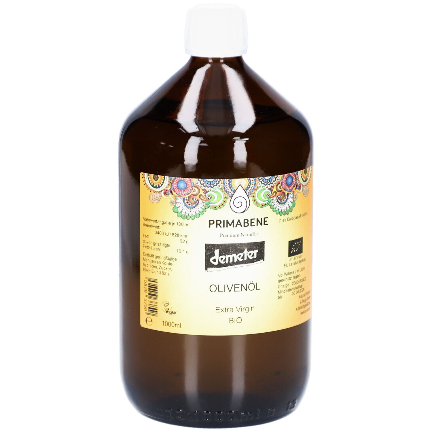 Braune Glasflasche mit weißem Verschluss. Etikett mit Produktnamen, Marke und Bio-Siegel. 1000ml-Angabe.