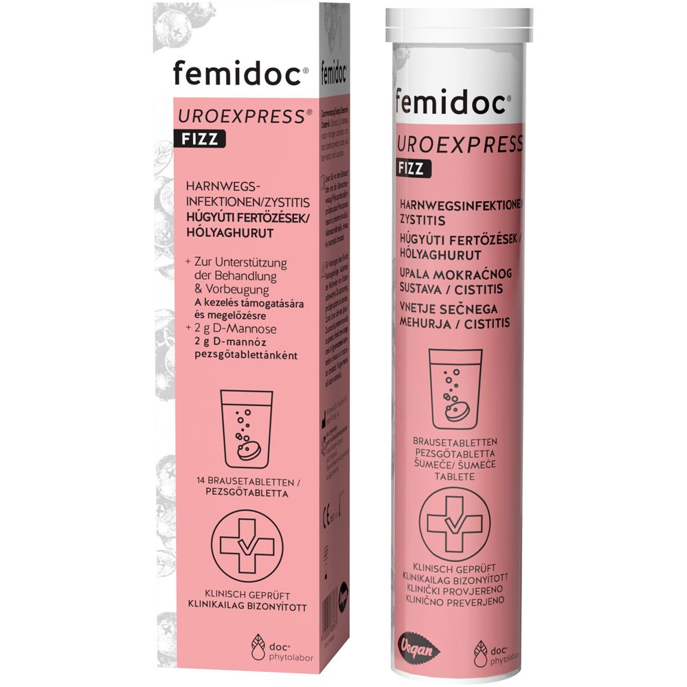 Rosa Verpackung von femidoc UROEXPRESS FIZZ. Enthält 14 Brausetabletten. Klinisch geprüft. Vegan.