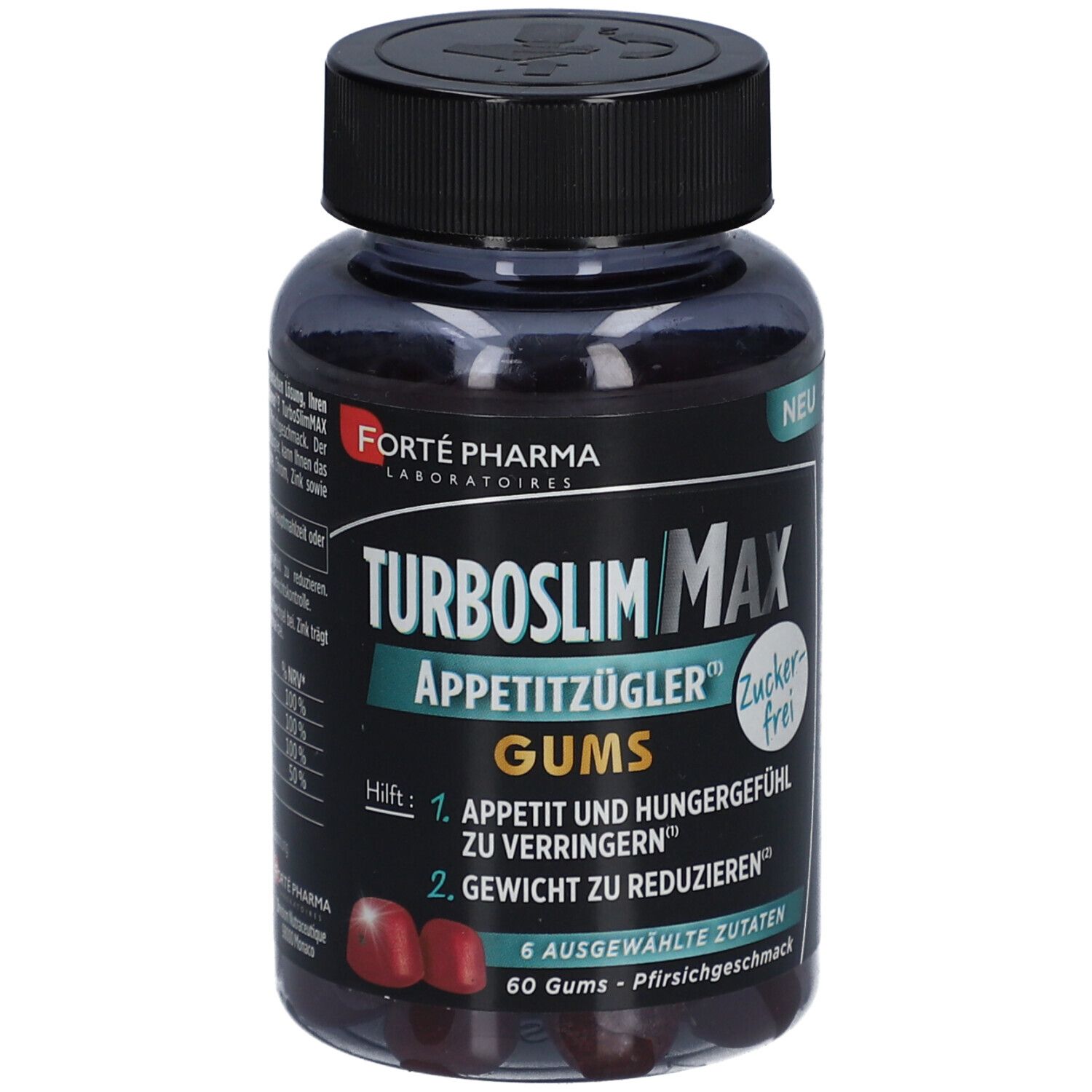 Dunkle Plastikflasche mit schwarzen Deckel. Aufschrift: TurboSlim MAX Appetitzügler Gums. 60 Gums - Pfirsichgeschmack.