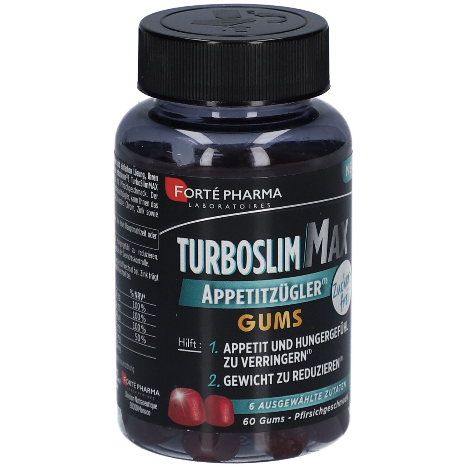 Dunkle Plastikflasche mit schwarzen Deckel. Aufschrift: TurboSlim MAX Appetitzügler Gums. Zuckerfrei.