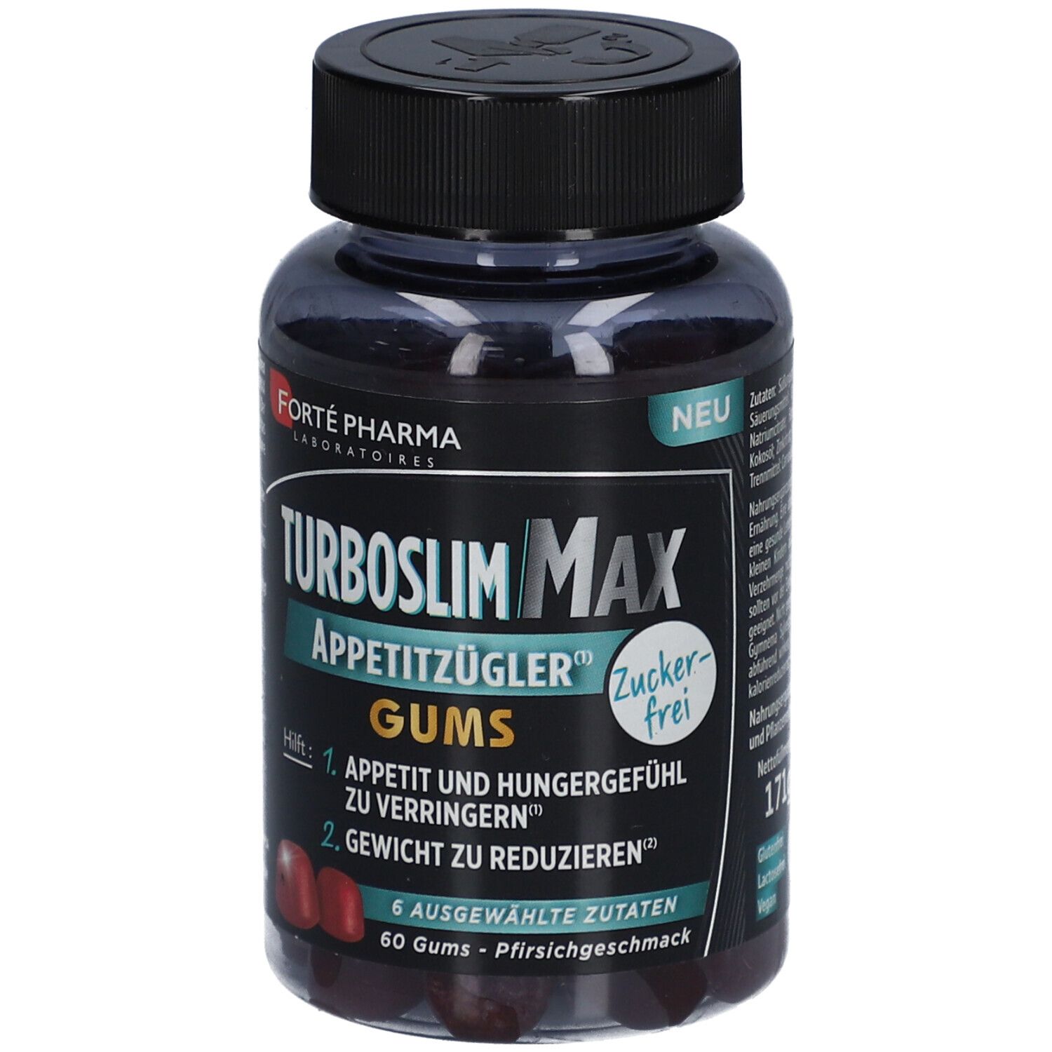 Dunkle Plastikflasche mit schwarzen Deckel. Aufschrift: TurboSlim MAX Appetitzügler Gums. Neu. Zuckerfrei.