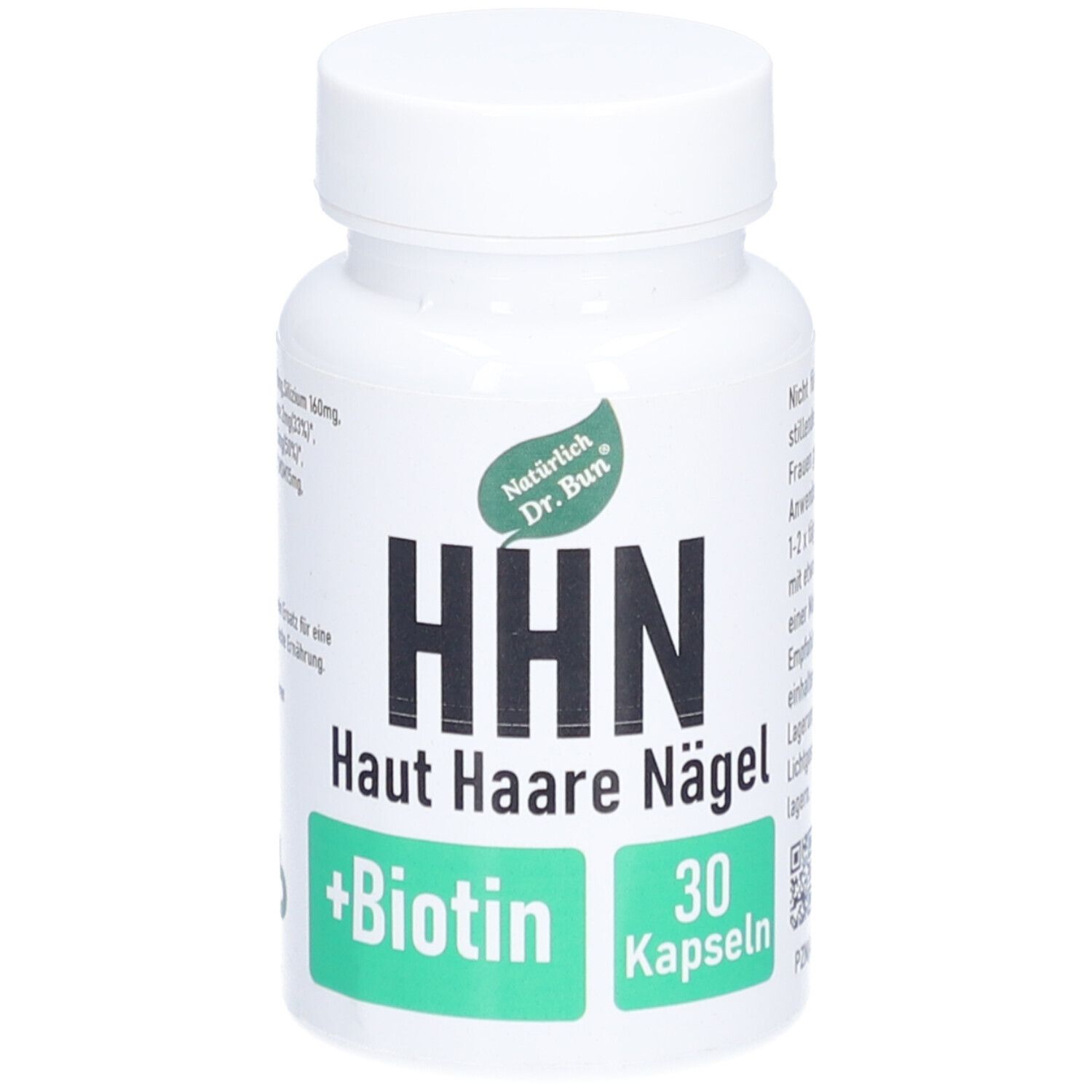 Weiße Kapsel-Dose mit Aufschrift HHN Haut Haare Nägel +Biotin. 30 Kapseln. Grüner Aufkleber mit Logo.