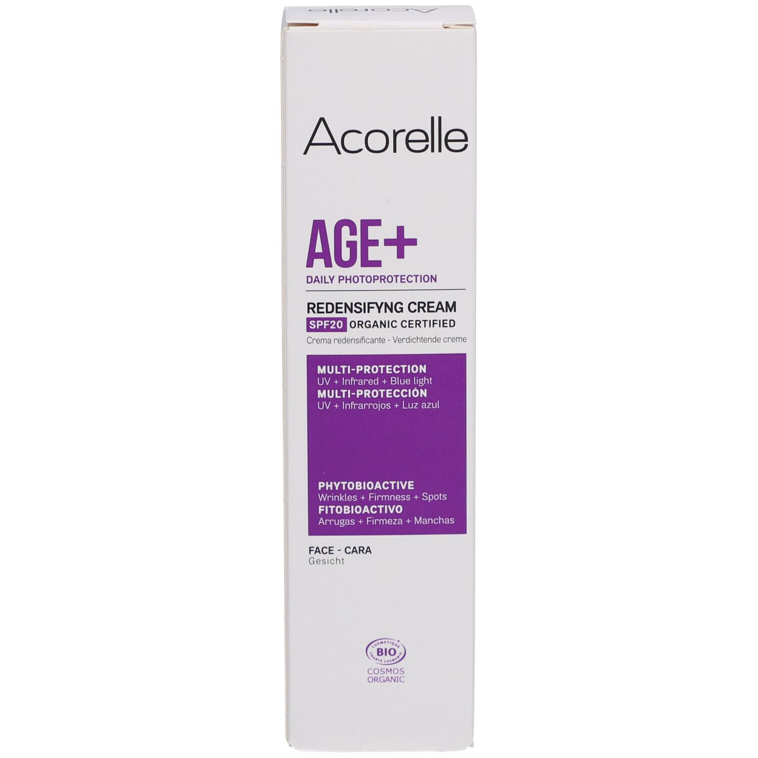 Weiße Schachtel mit Aufschrift Acorelle, AGE+ und Creme Redensifiante. Bio-Zertifizierung.