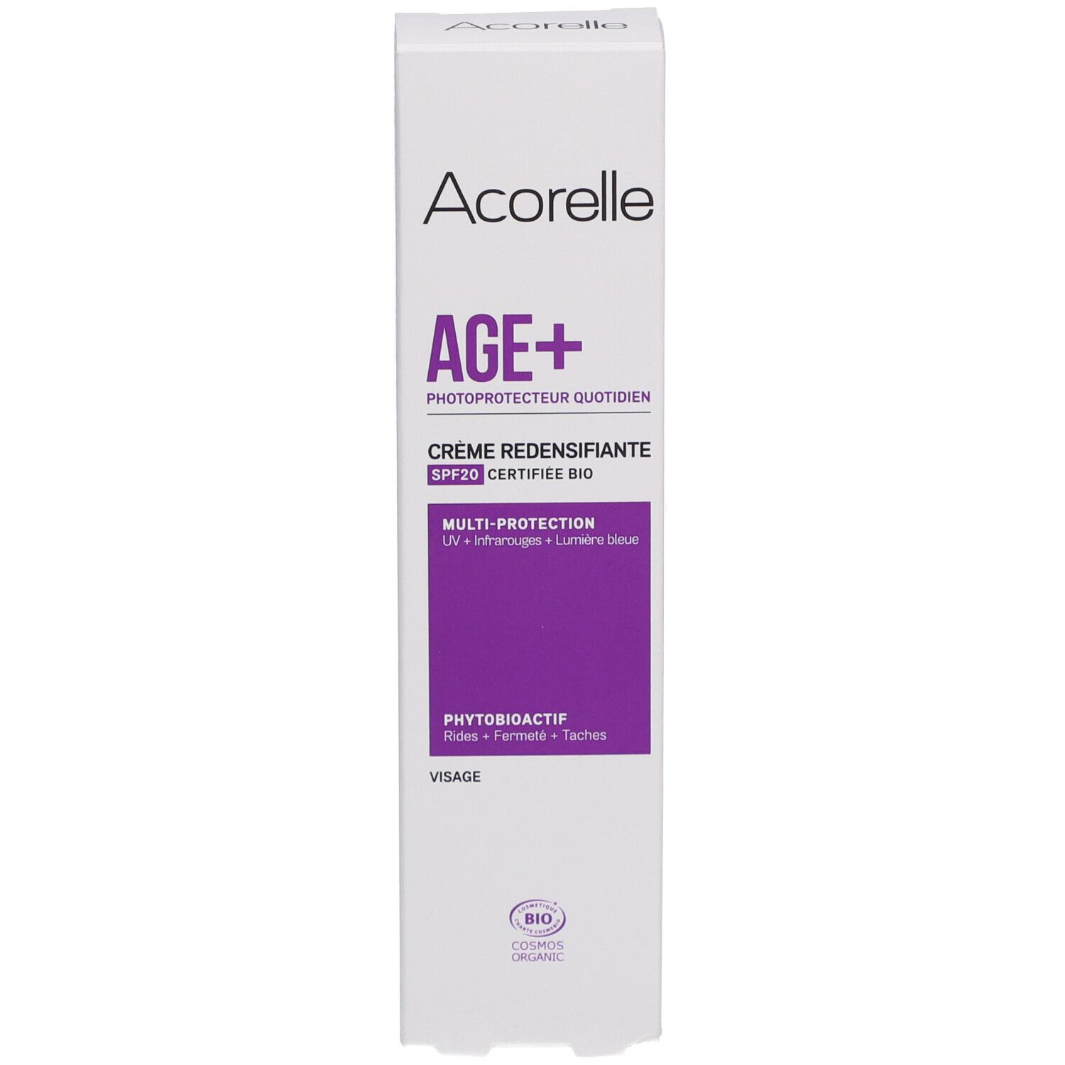 Weiße Schachtel mit Aufschrift Acorelle, AGE+ und Creme Redensifiante. Bio-Zertifizierung.