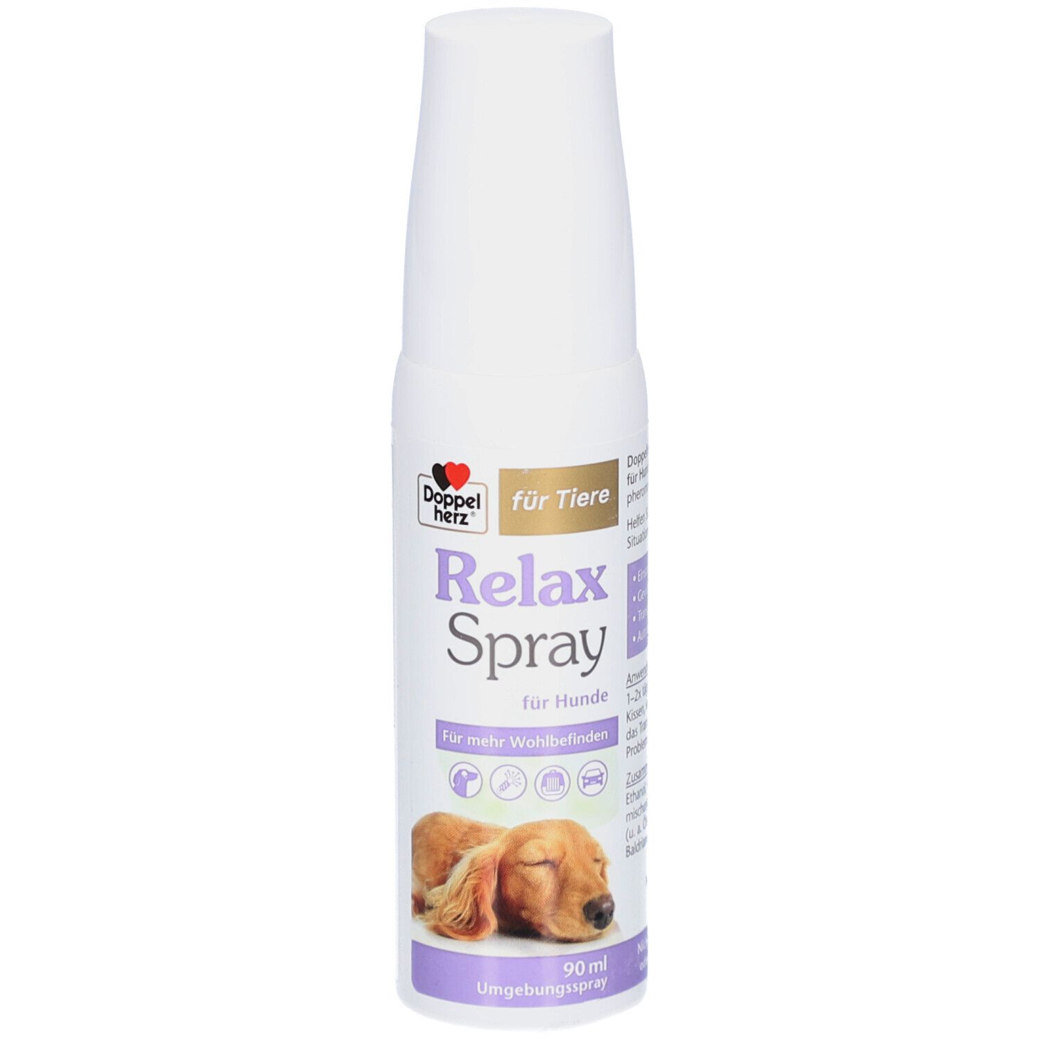 Weißes Spray für Hunde. Aufschrift: Doppelherz Relax Spray. Abbildung eines schlafenden Hundes. 90 ml.