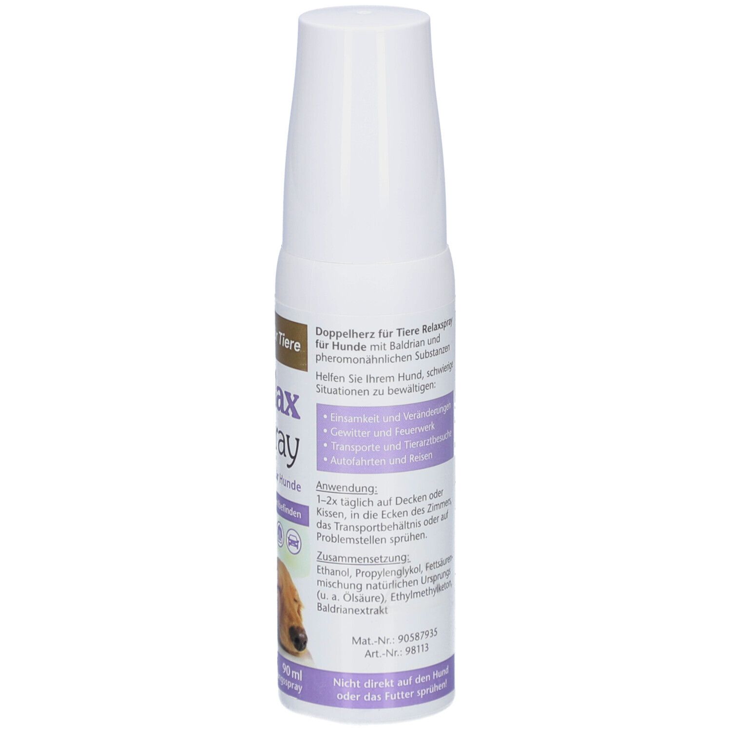 Weißes Spray für Hunde. Aufschrift: Doppelherz Relax Spray. Text über Anwendung. Abbildung eines Hundes.