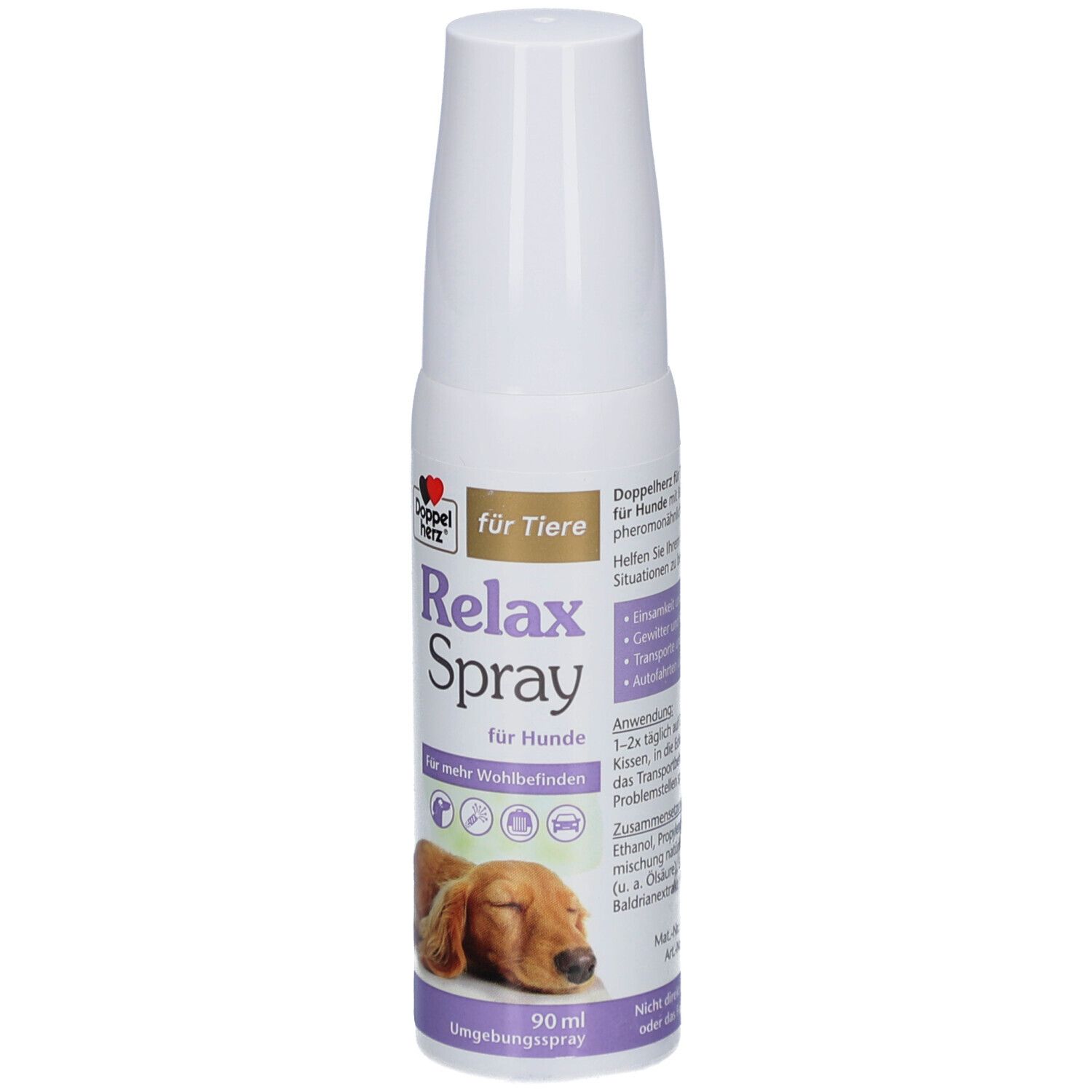 Weißes Spray für Hunde. Aufschrift: Doppelherz Relax Spray. Abbildung eines schlafenden Hundes. 90 ml.