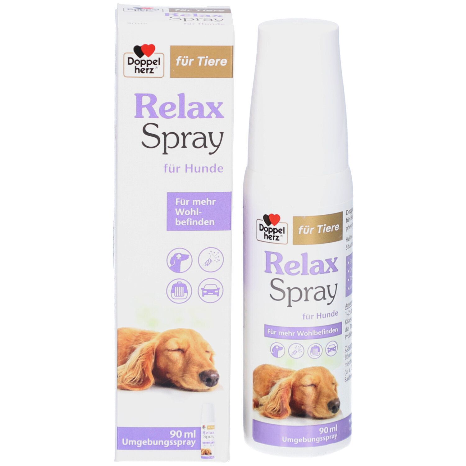 Produktpackung und Spray. Aufschrift: Doppelherz Relax Spray für Hunde. Abbildung eines Hundes. 90 ml.