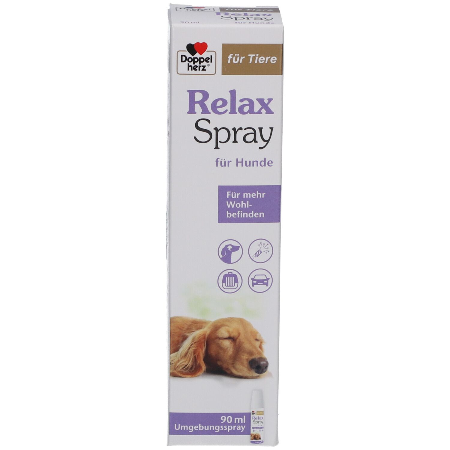 Produktverpackung. Aufschrift: Doppelherz Relax Spray für Hunde. Abbildung eines Hundes. 90 ml. Sprayflasche.