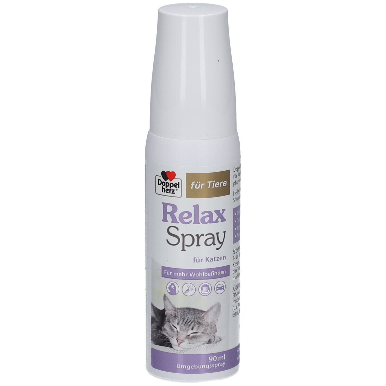 Weißes Spray für Katzen. Aufschrift: Doppelherz, Relax Spray, für Katzen. Abbildung einer Katze. 90 ml.