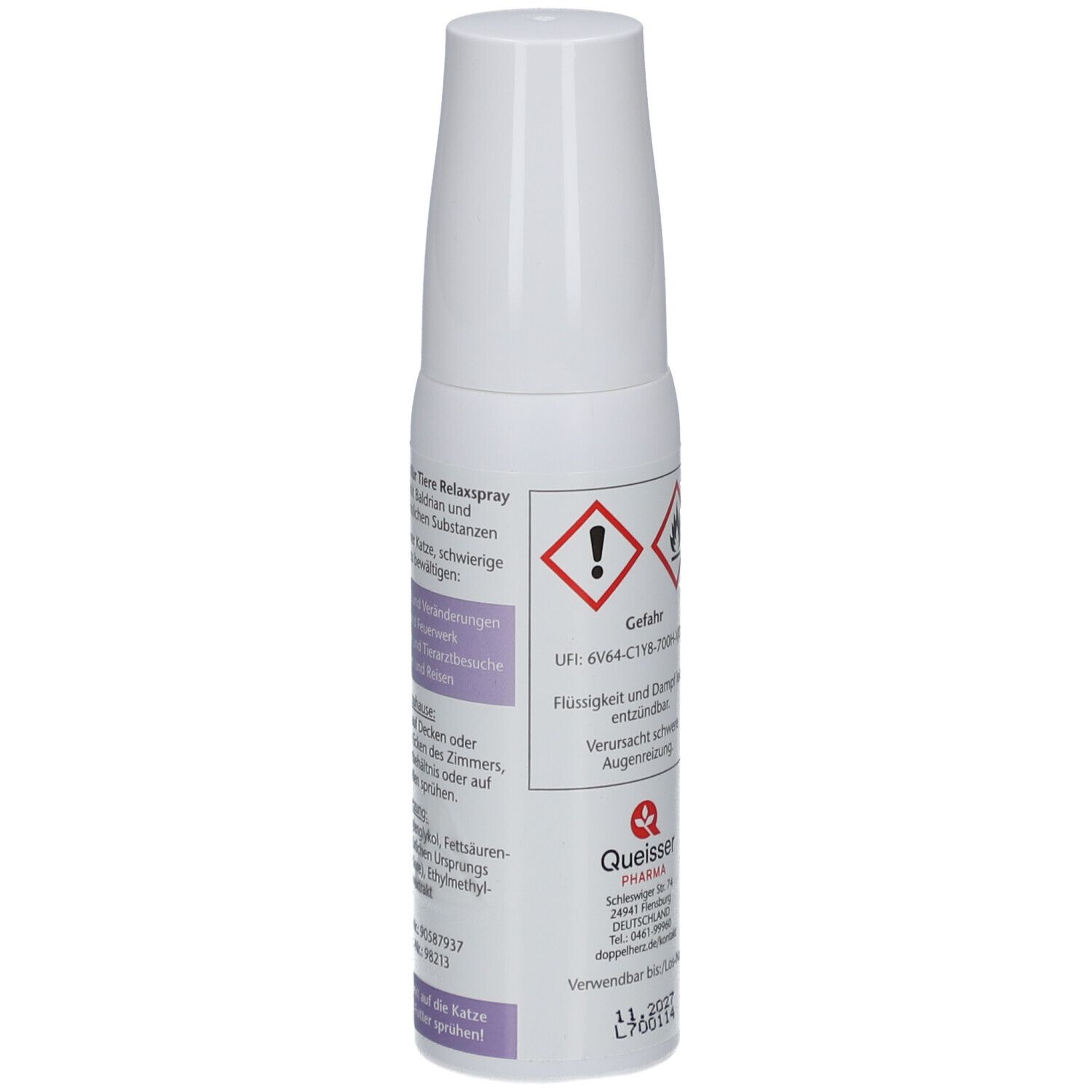 Weißes Spray für Katzen. Rückseite mit Warnhinweisen und Herstellerinformationen. Gefahrensymbol.