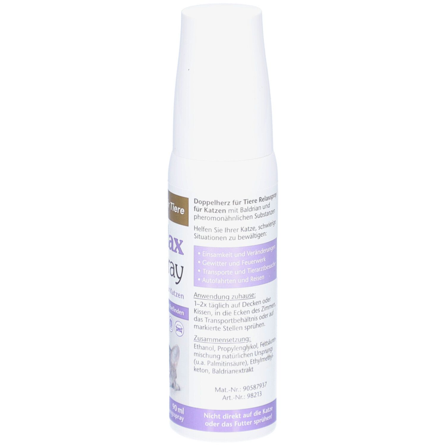 Weißes Spray für Katzen. Rückseite mit Produktinformationen. Text: Doppelherz für Tiere, Relax Spray.