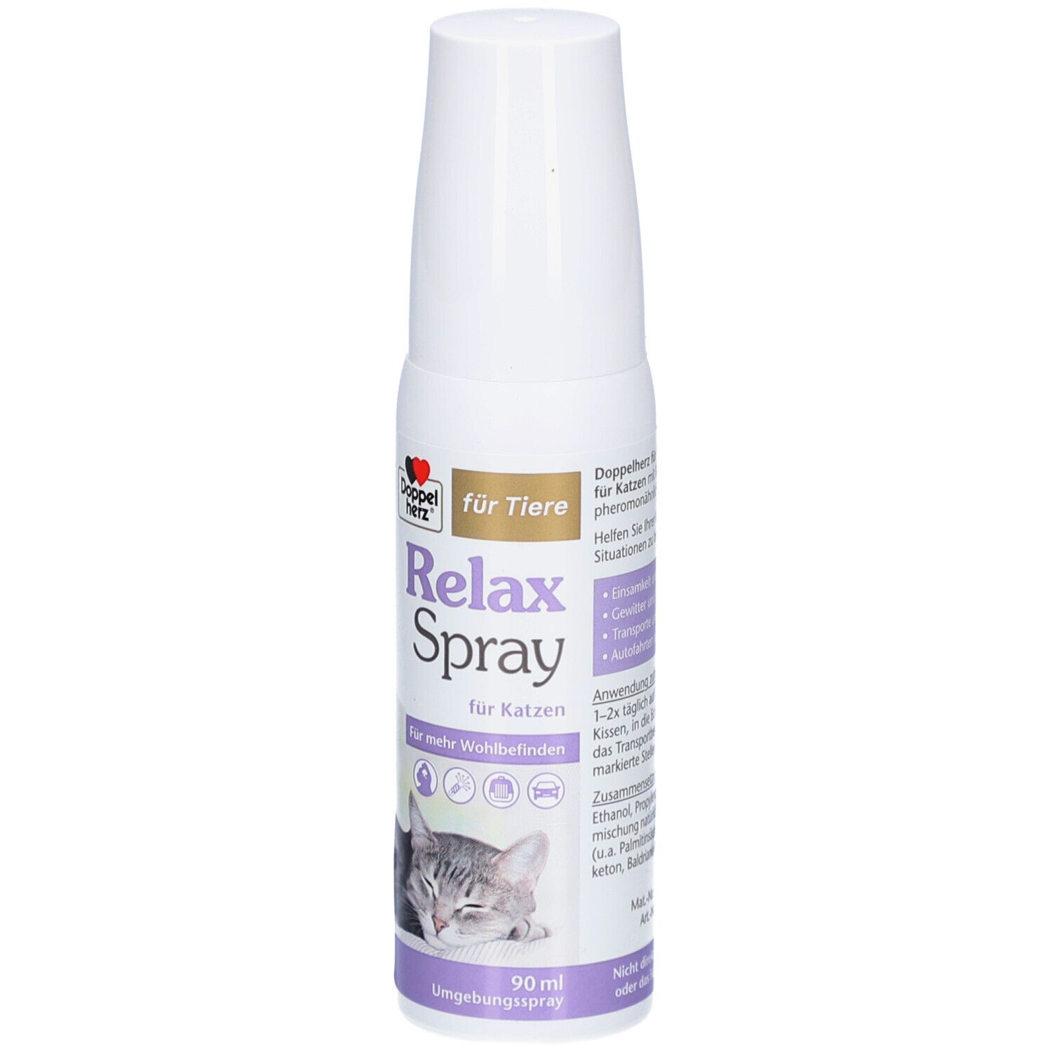 Weißes Spray für Katzen. Aufschrift: Doppelherz, Relax Spray, für Katzen. Abbildung einer Katze. 90 ml.