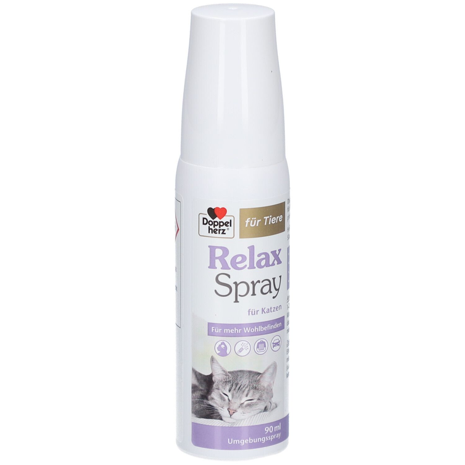 Weißes Spray für Katzen. Aufschrift: Doppelherz, Relax Spray, für Katzen. Abbildung einer Katze. 90 ml.