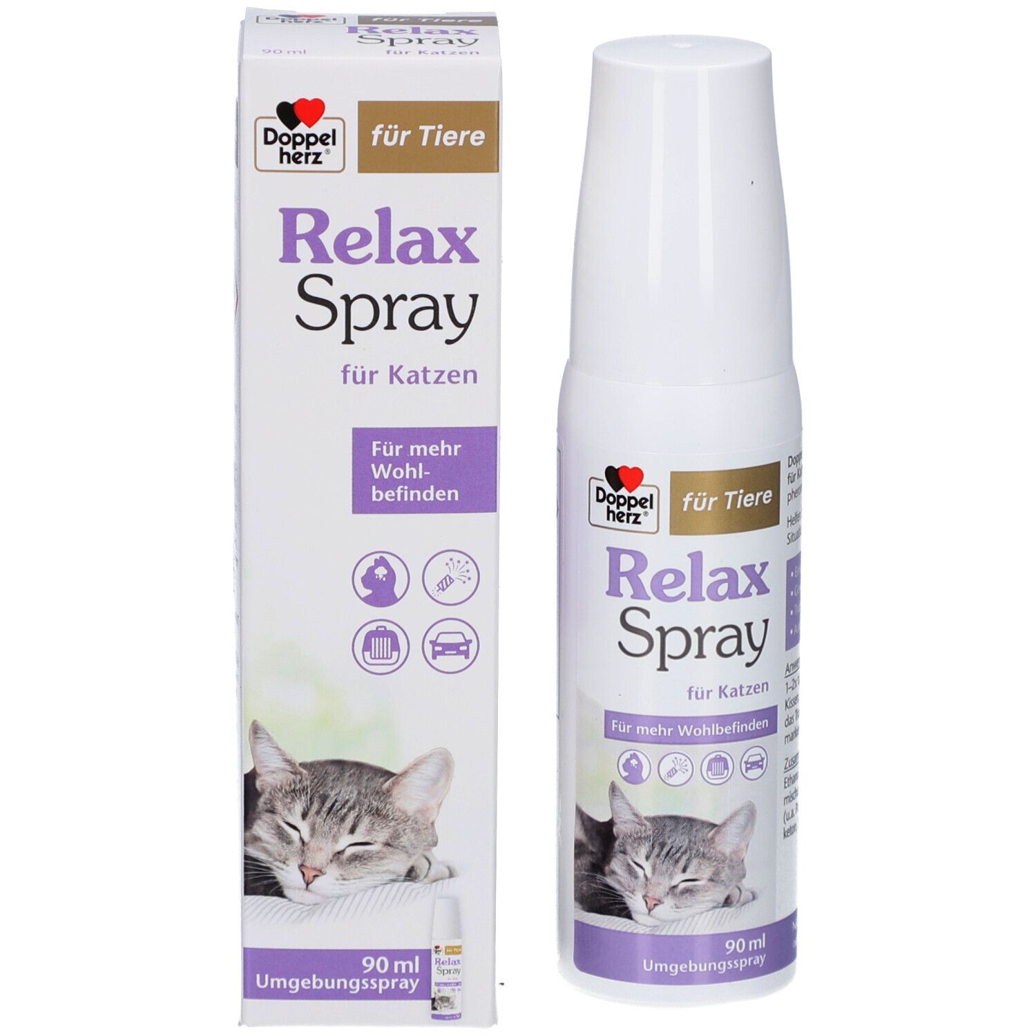 Spray und Verpackung. Aufschrift: Doppelherz, Relax Spray, für Katzen. Abbildung einer Katze. 90 ml.