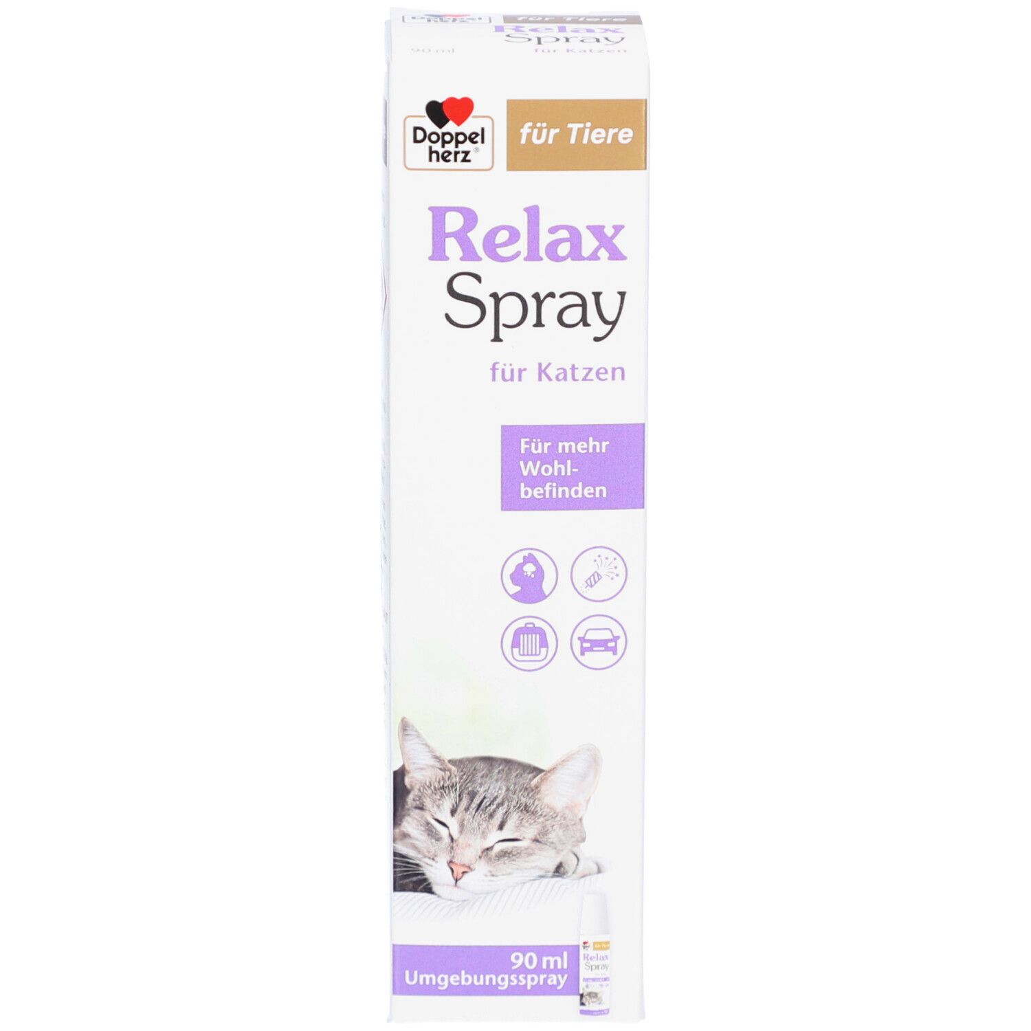 Verpackung. Aufschrift: Doppelherz, Relax Spray, für Katzen. Abbildung einer Katze. 90 ml.