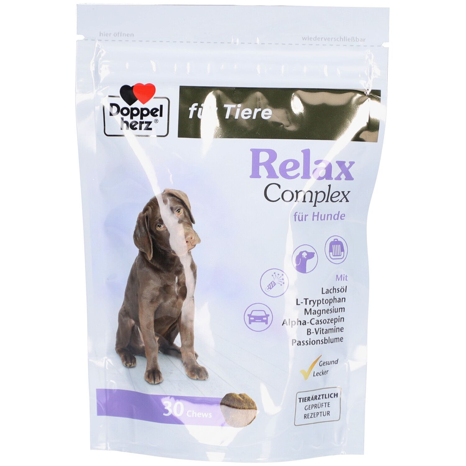 Beutel mit "Doppelherz"-Logo und "Relax Complex für Hunde". Brauner Hund, 30 Chews. Mit Lachsöl, L-Tryptophan, Magnesium, Alpha-Casozepin, B-Vitamine, Passionsblume.
