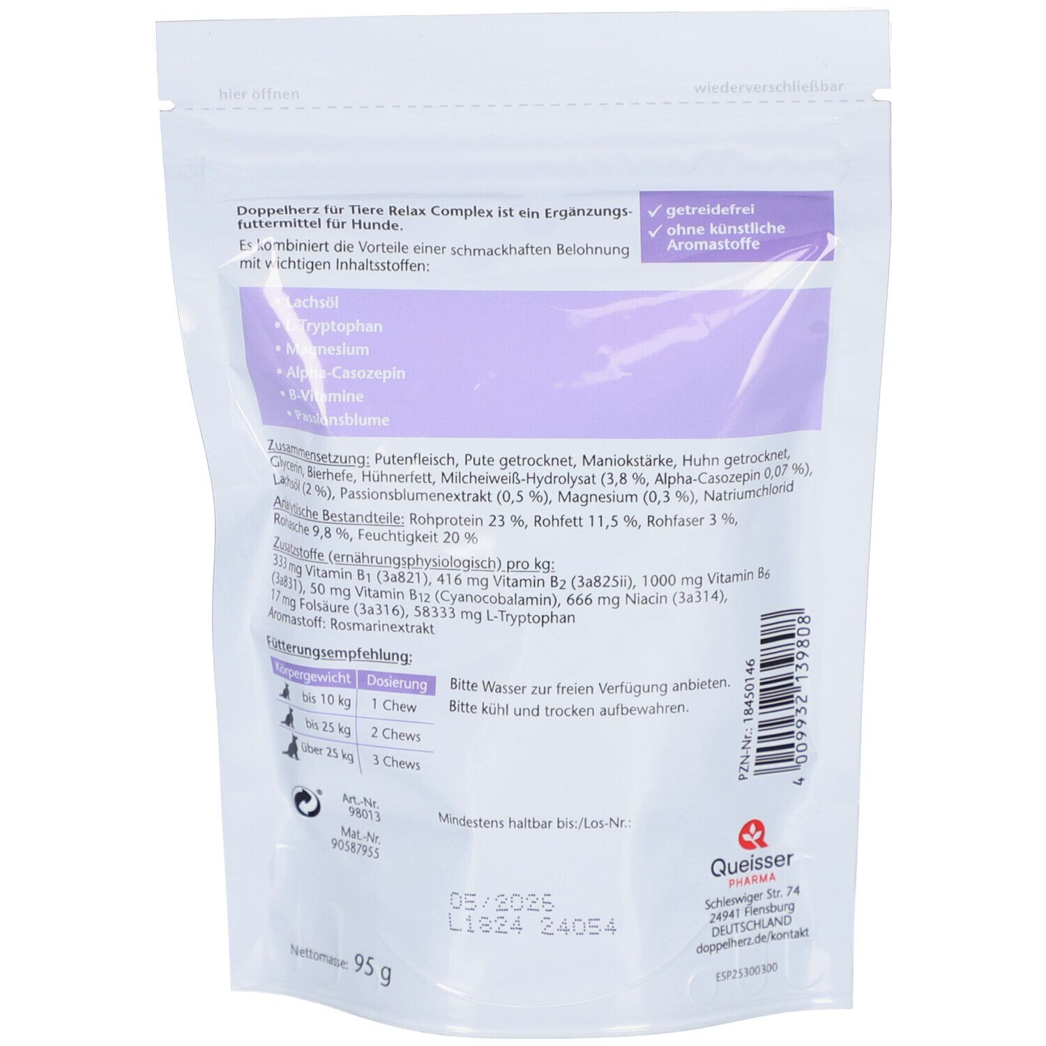 Rückseite der Verpackung. Text: "Doppelherz für Tiere Relax Complex". Zutatenliste, Fütterungsempfehlung, Mindesthaltbarkeitsdatum, Herstellerinformationen.