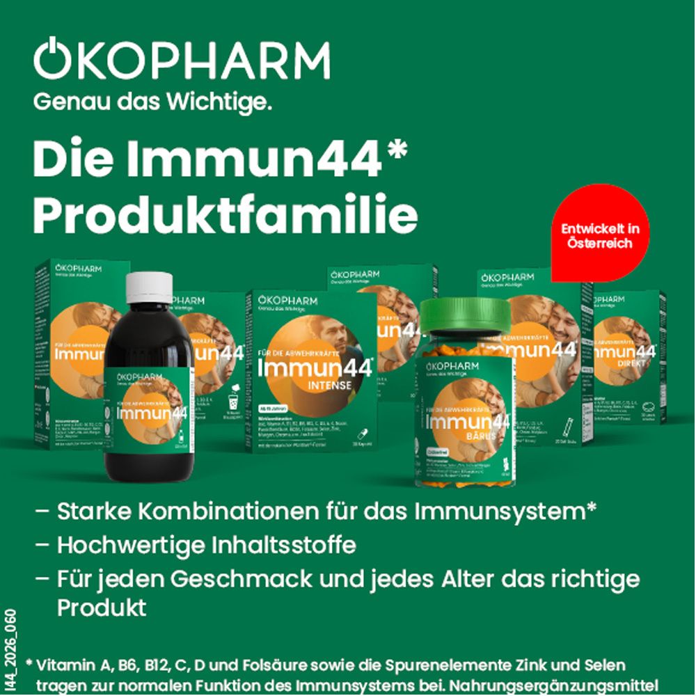 ÖKOPHARM Immun44 Produktfamilie: Verschiedene Darreichungsformen zur Unterstützung des Immunsystems.