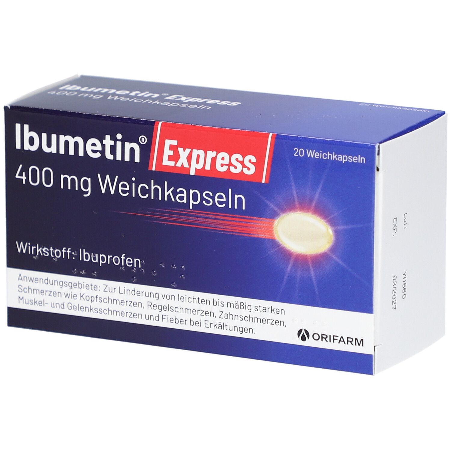 Blau-weiße Schachtel mit Produktnamen und 400 mg Weichkapseln. Enthält 20 Kapseln. Wirkstoff: Ibuprofen. Marke: IBUMETIN Express.