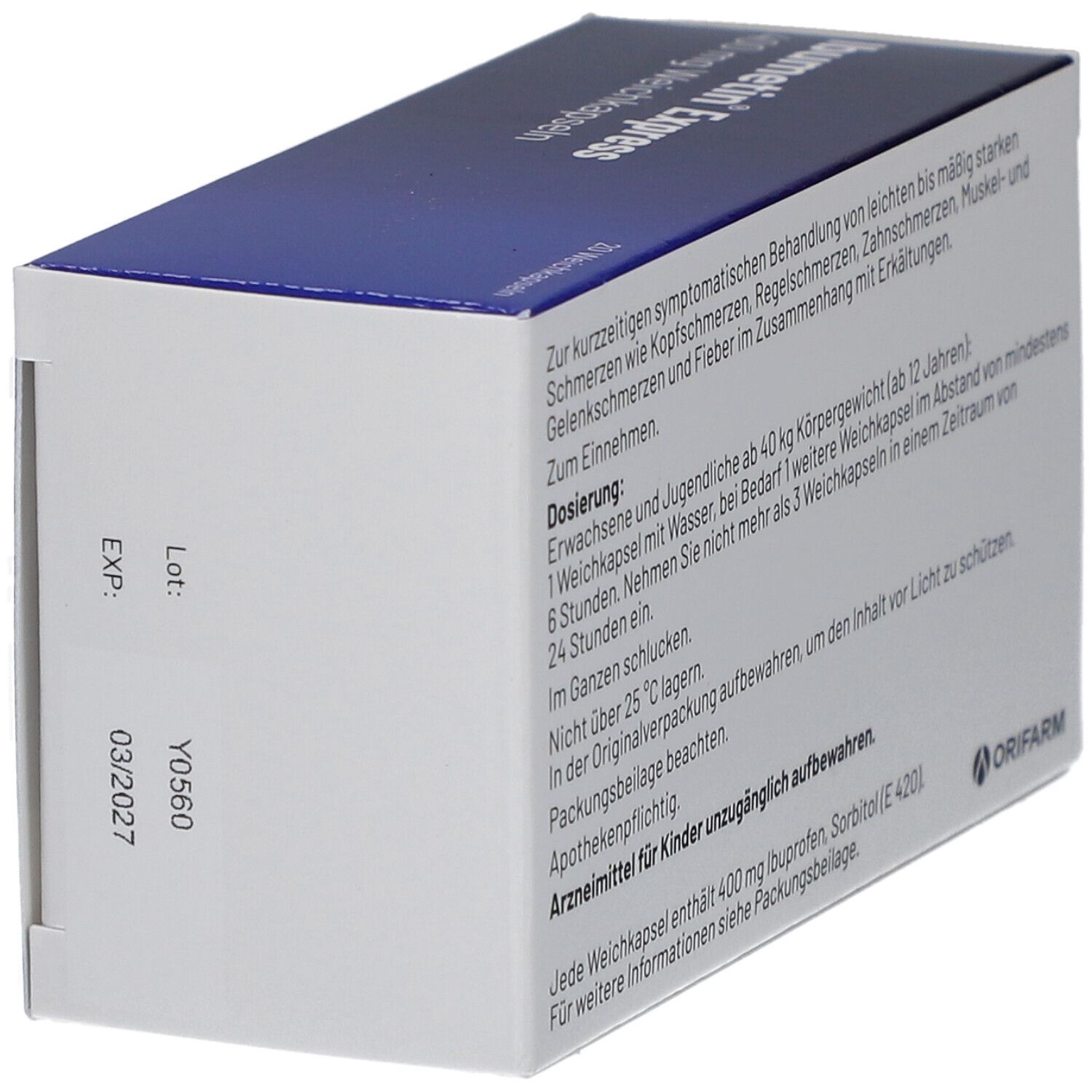 Seitenansicht der IBUMETIN Express Schachtel. Enthält Informationen zu Haltbarkeit und Chargennummer. Marke: Orifarm.