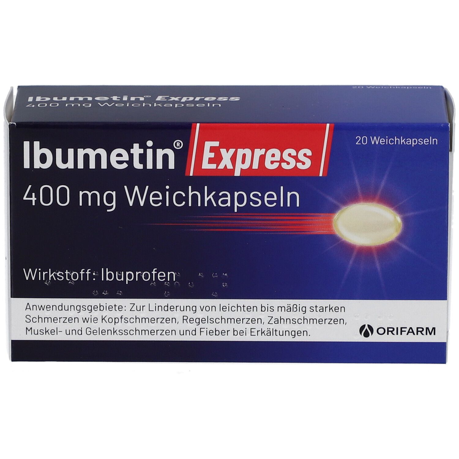 IBUMETIN Express Schachtel, blaue und weiße Verpackung. Enthält 20 Weichkapseln. Wirkstoff: Ibuprofen. Marke: IBUMETIN Express.