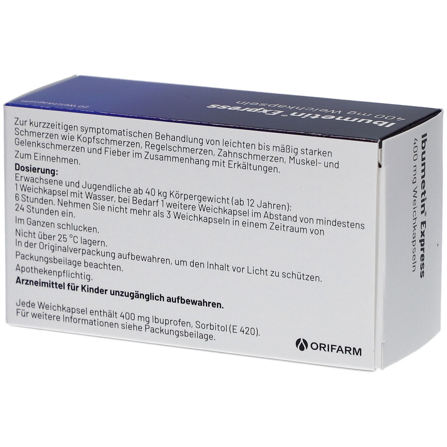 Rückseite der Ibumetin Express 400mg Weichkapseln Packung mit Anwendungsinformationen.