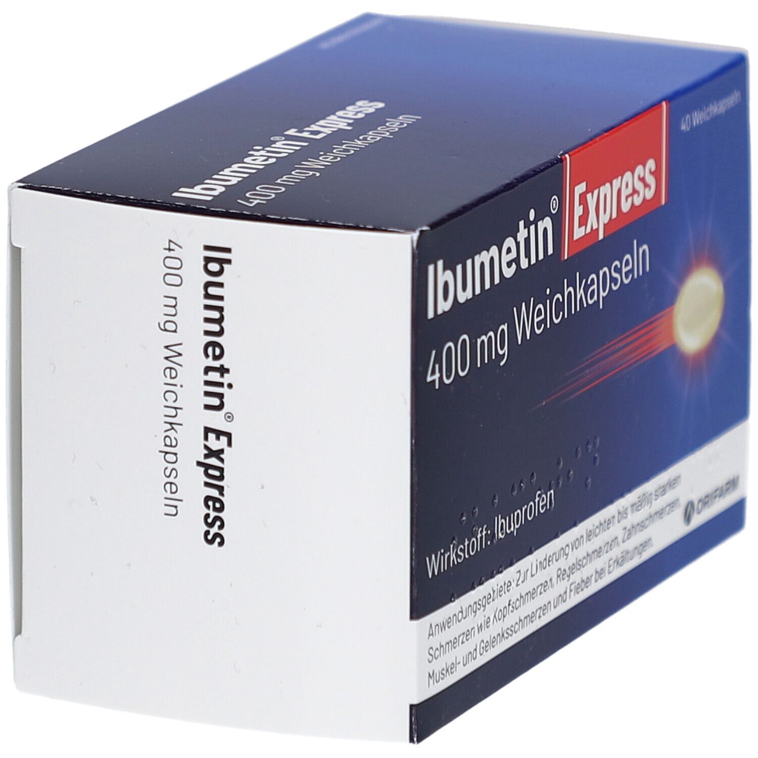 Schachtel Ibumetin Express 400 mg Weichkapseln. Blaue und weiße Verpackung. Enthält 40 Kapseln. Wirkstoff: Ibuprofen. Marke: Orifarm.
